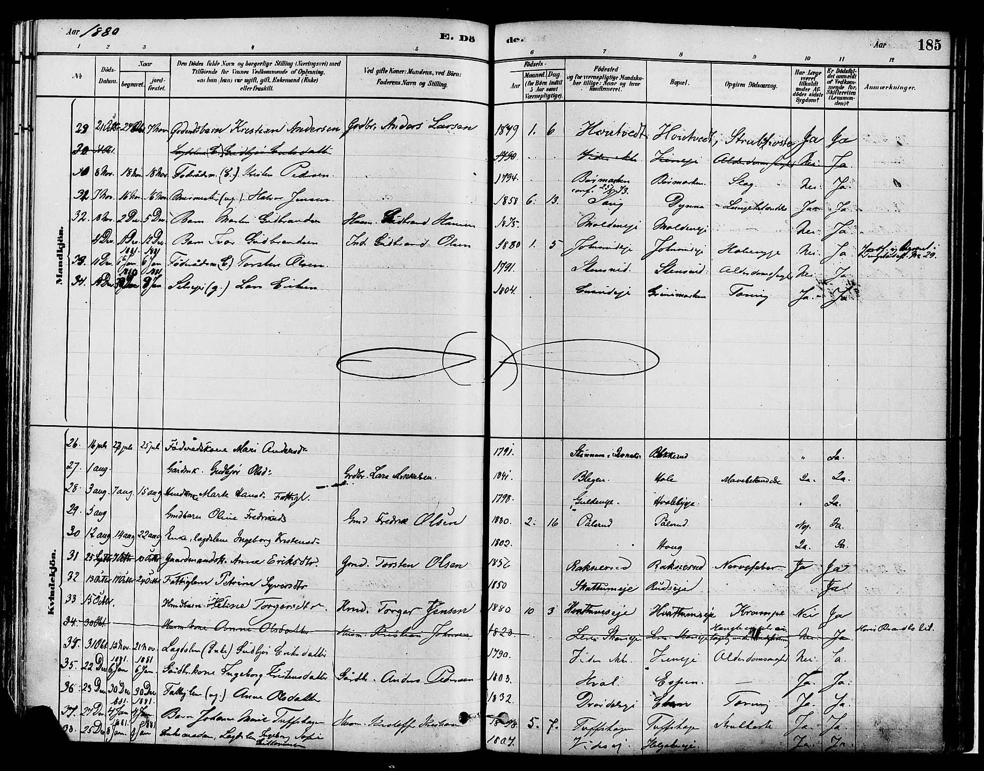 Gran prestekontor, SAH/PREST-112/H/Ha/Haa/L0014: Parish register (official) no. 14, 1880-1889, p. 185