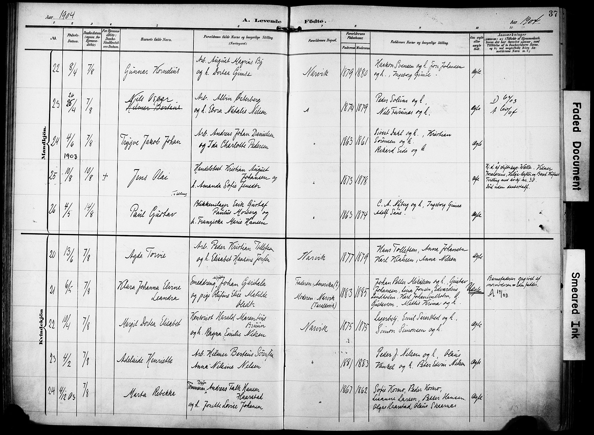 Ministerialprotokoller, klokkerbøker og fødselsregistre - Nordland, SAT/A-1459/871/L0994: Parish register (official) no. 871A10, 1902-1910, p. 37