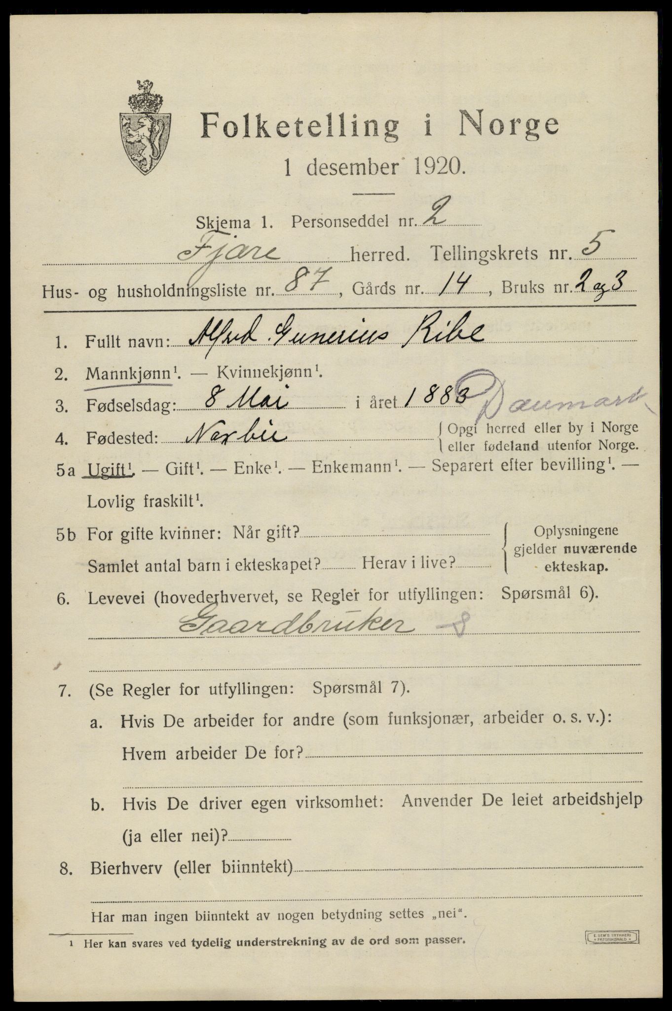 SAK, 1920 census for Fjære, 1920, p. 8201