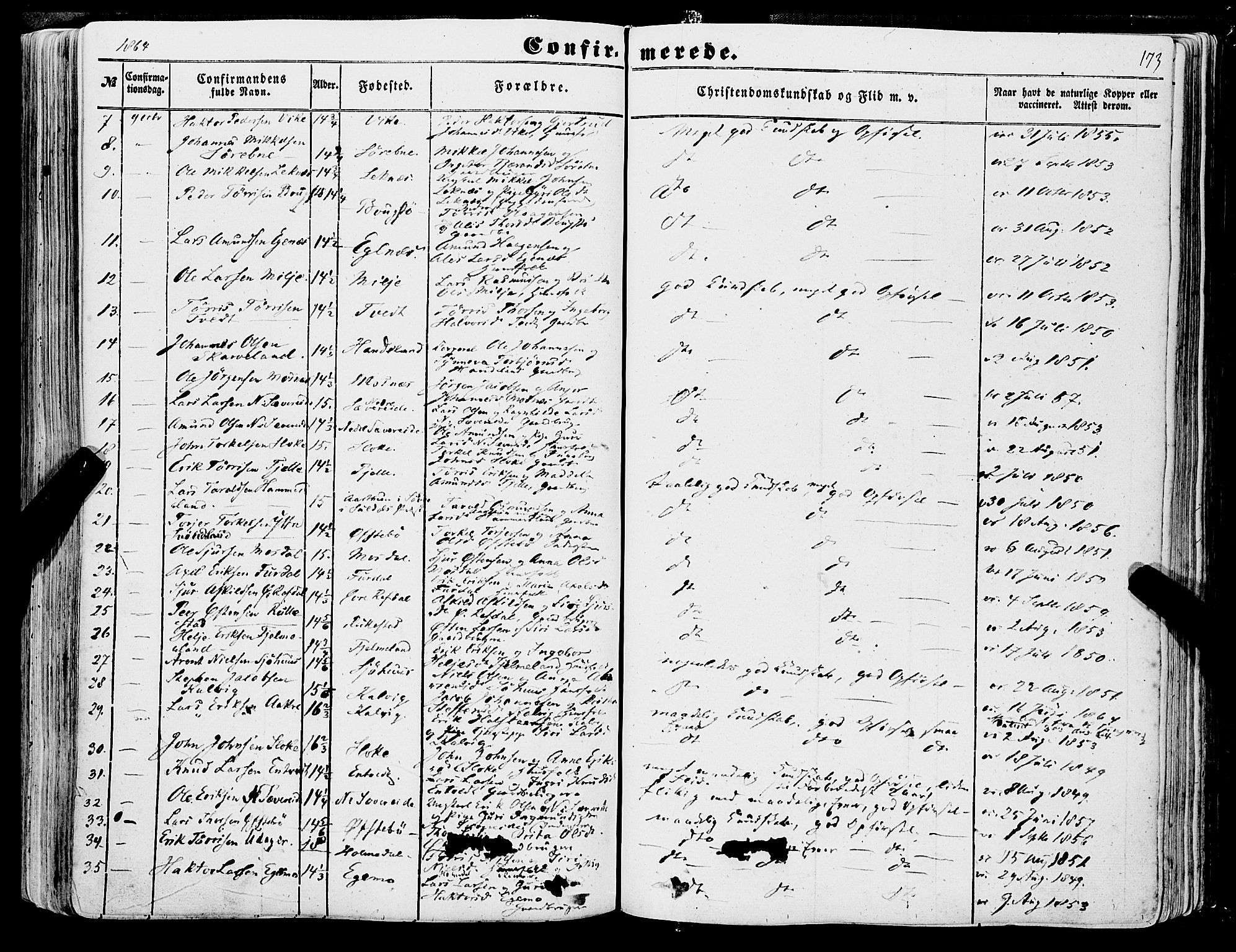 Skånevik sokneprestembete, SAB/A-77801/H/Haa: Parish register (official) no. A 5I, 1848-1869, p. 173