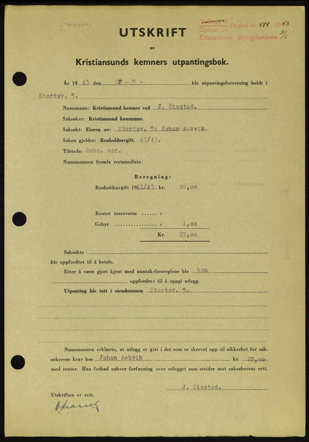 Kristiansund byfogd, SAT/A-4587/A/27: Mortgage book no. 36, 1942-1943, Diary no: : 488/1943