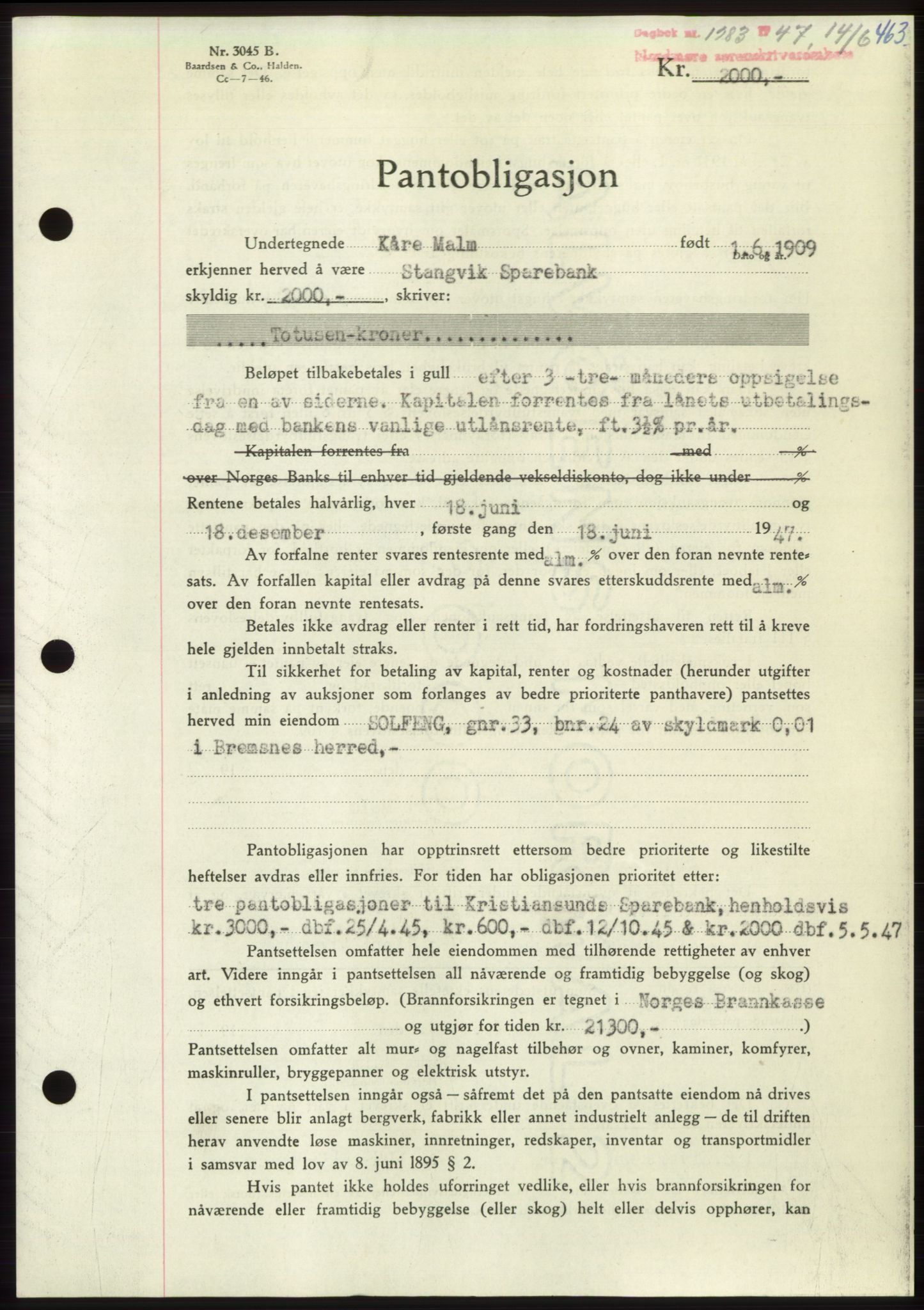 Nordmøre sorenskriveri, AV/SAT-A-4132/1/2/2Ca: Mortgage book no. B96, 1947-1947, Diary no: : 1283/1947