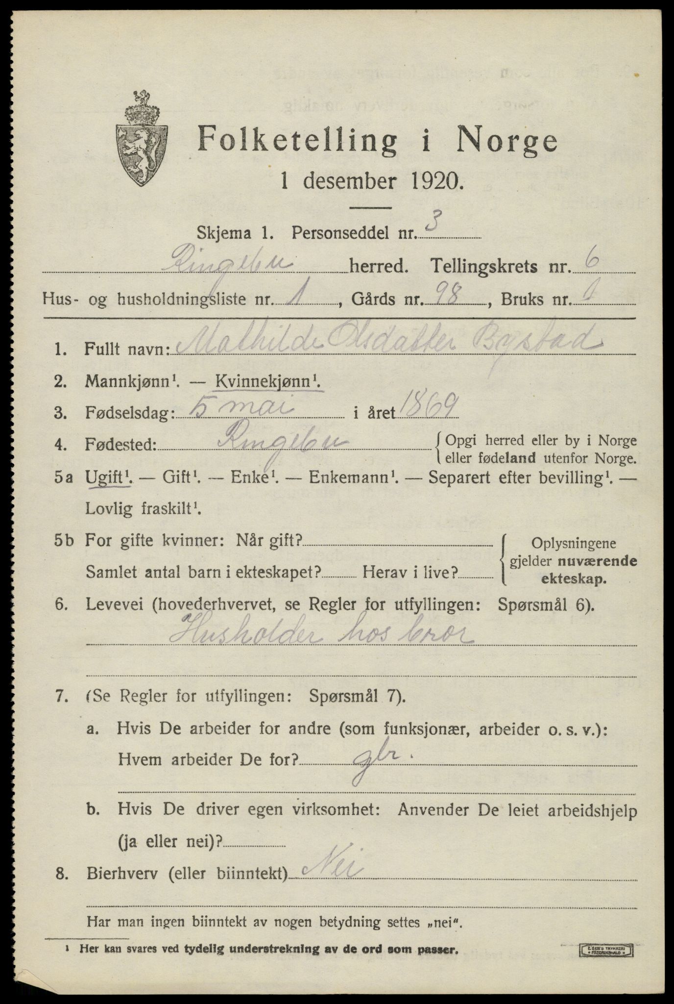 SAH, 1920 census for Ringebu, 1920, p. 7065