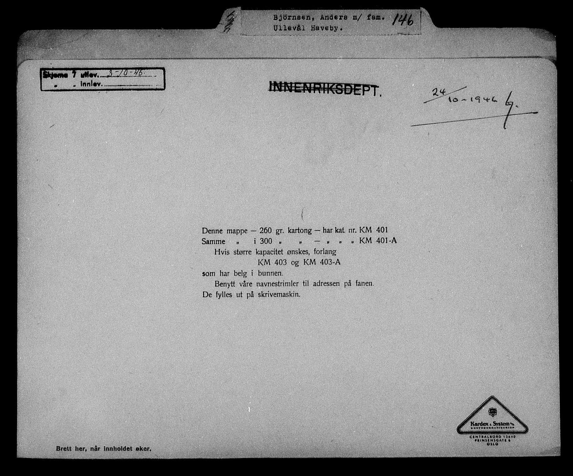 Justisdepartementet, Tilbakeføringskontoret for inndratte formuer, AV/RA-S-1564/H/Hc/Hcc/L0924: --, 1945-1947, p. 433