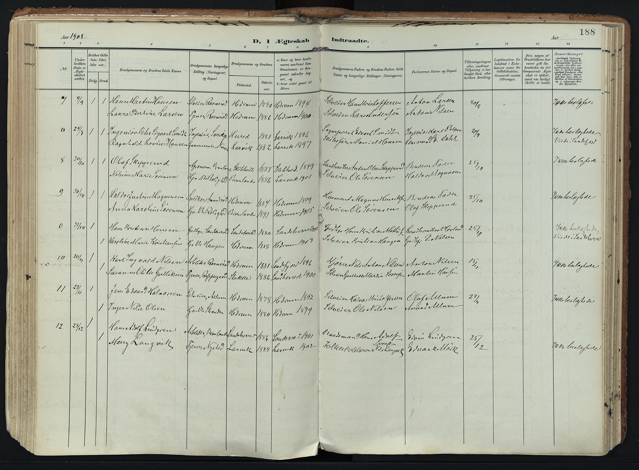 Hedrum kirkebøker, SAKO/A-344/F/Fa/L0010: Parish register (official) no. I 10, 1904-1918, p. 188