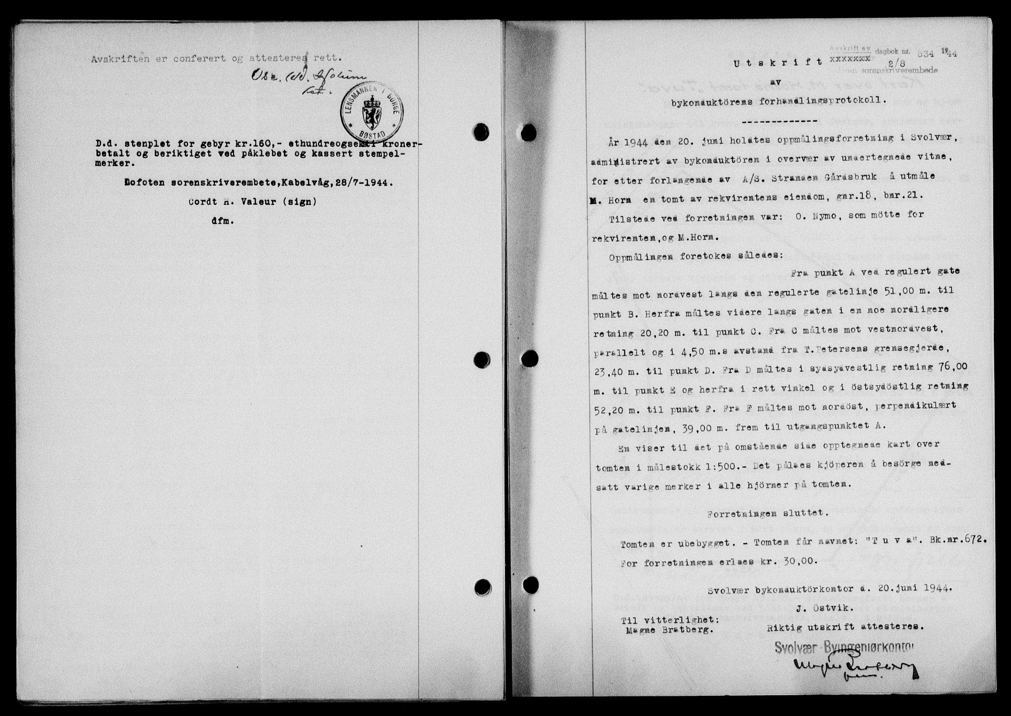 Lofoten sorenskriveri, SAT/A-0017/1/2/2C/L0012a: Mortgage book no. 12a, 1943-1944, Diary no: : 834/1944