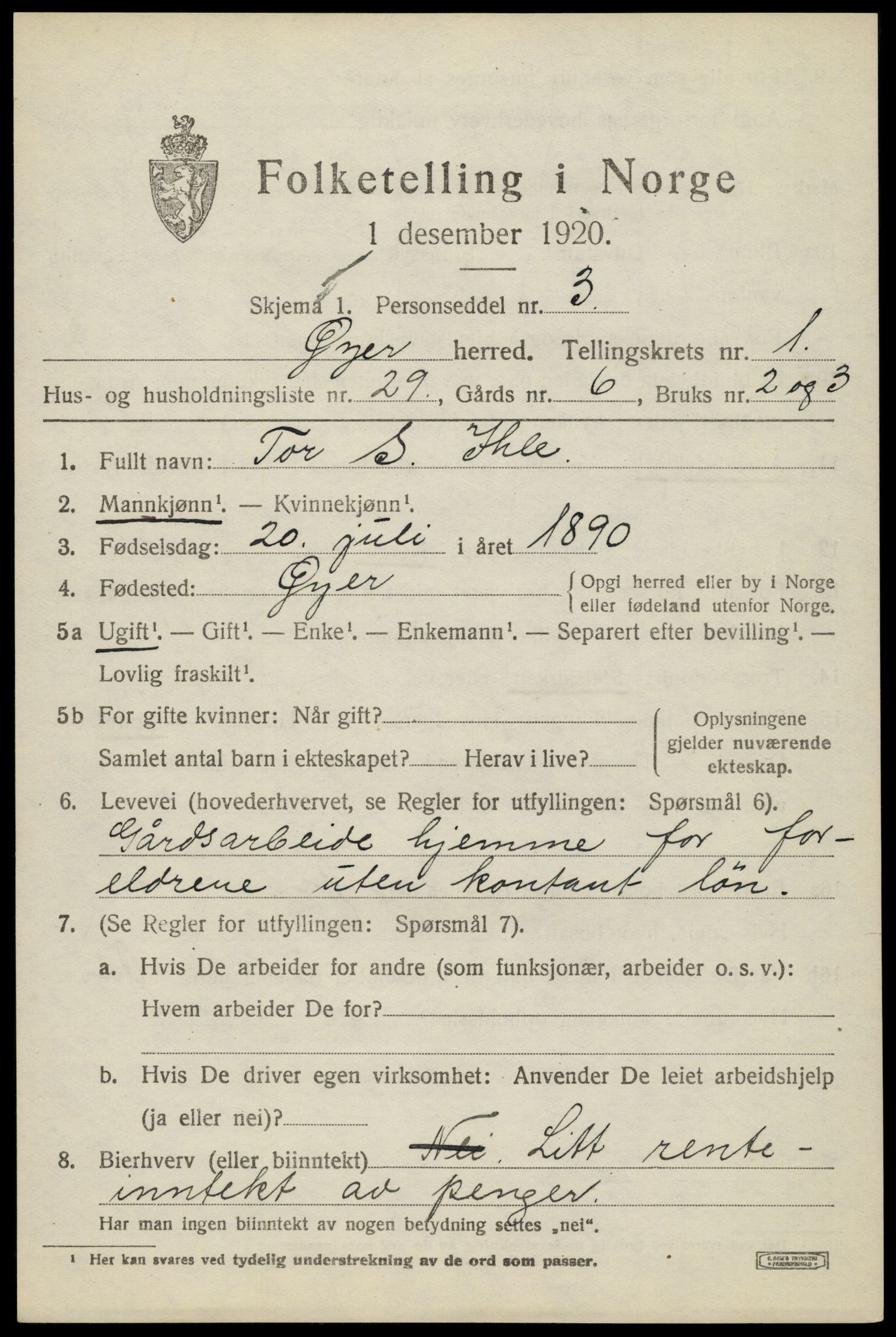 SAH, 1920 census for Øyer, 1920, p. 1531