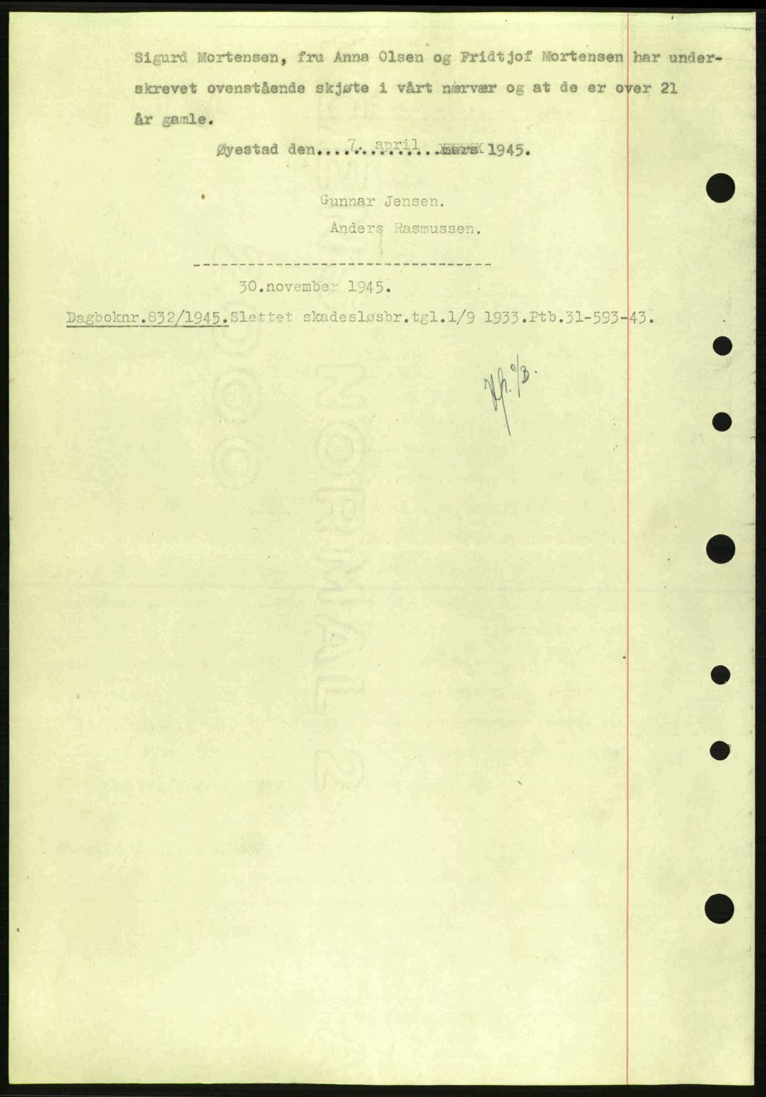 Nedenes sorenskriveri, SAK/1221-0006/G/Gb/Gba/L0053: Mortgage book no. A6b, 1945-1945, Diary no: : 832/1945