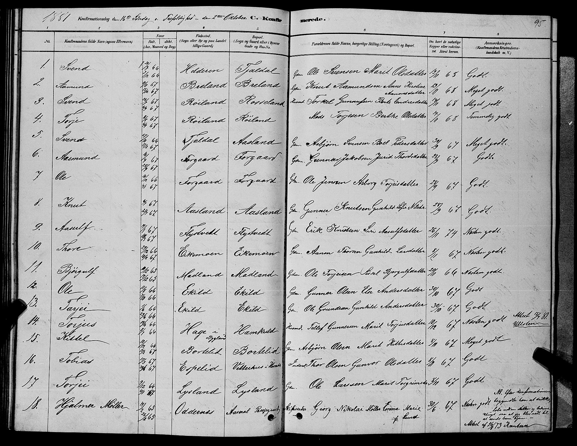 Åseral sokneprestkontor, SAK/1111-0051/F/Fb/L0002: Parish register (copy) no. B 2, 1878-1899, p. 95