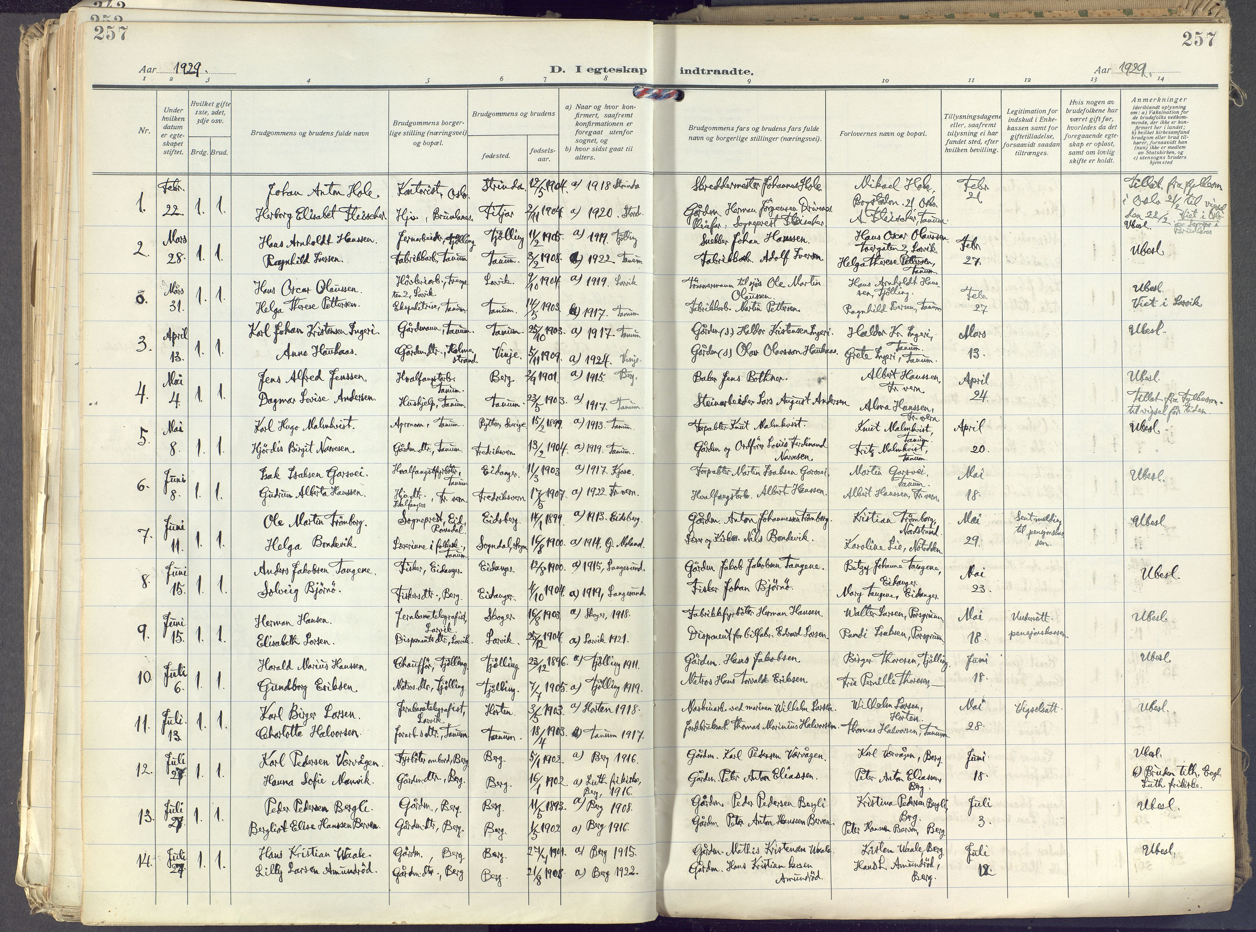 Brunlanes kirkebøker, AV/SAKO-A-342/F/Fc/L0004: Parish register (official) no. III 4, 1923-1943, p. 257