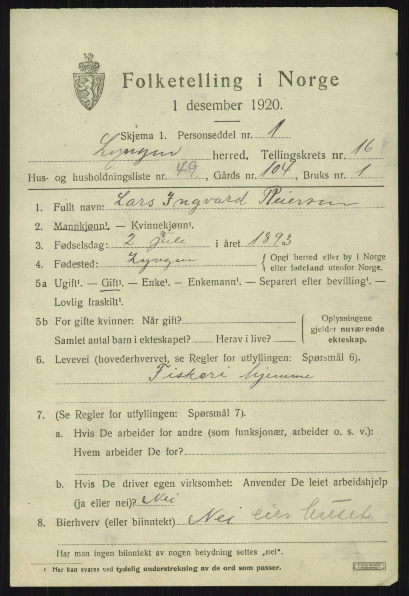 SATØ, 1920 census for Lyngen, 1920, p. 13869