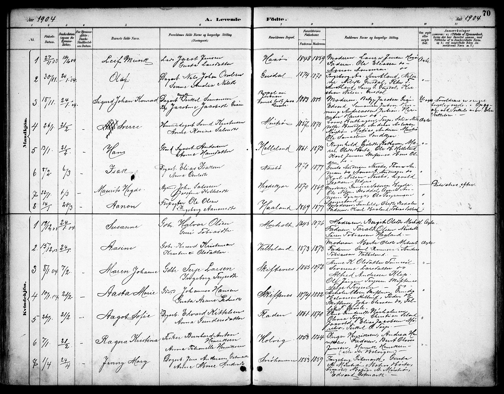 Hommedal sokneprestkontor, AV/SAK-1111-0023/F/Fb/Fbb/L0007: Parish register (copy) no. B 7, 1885-1904, p. 70