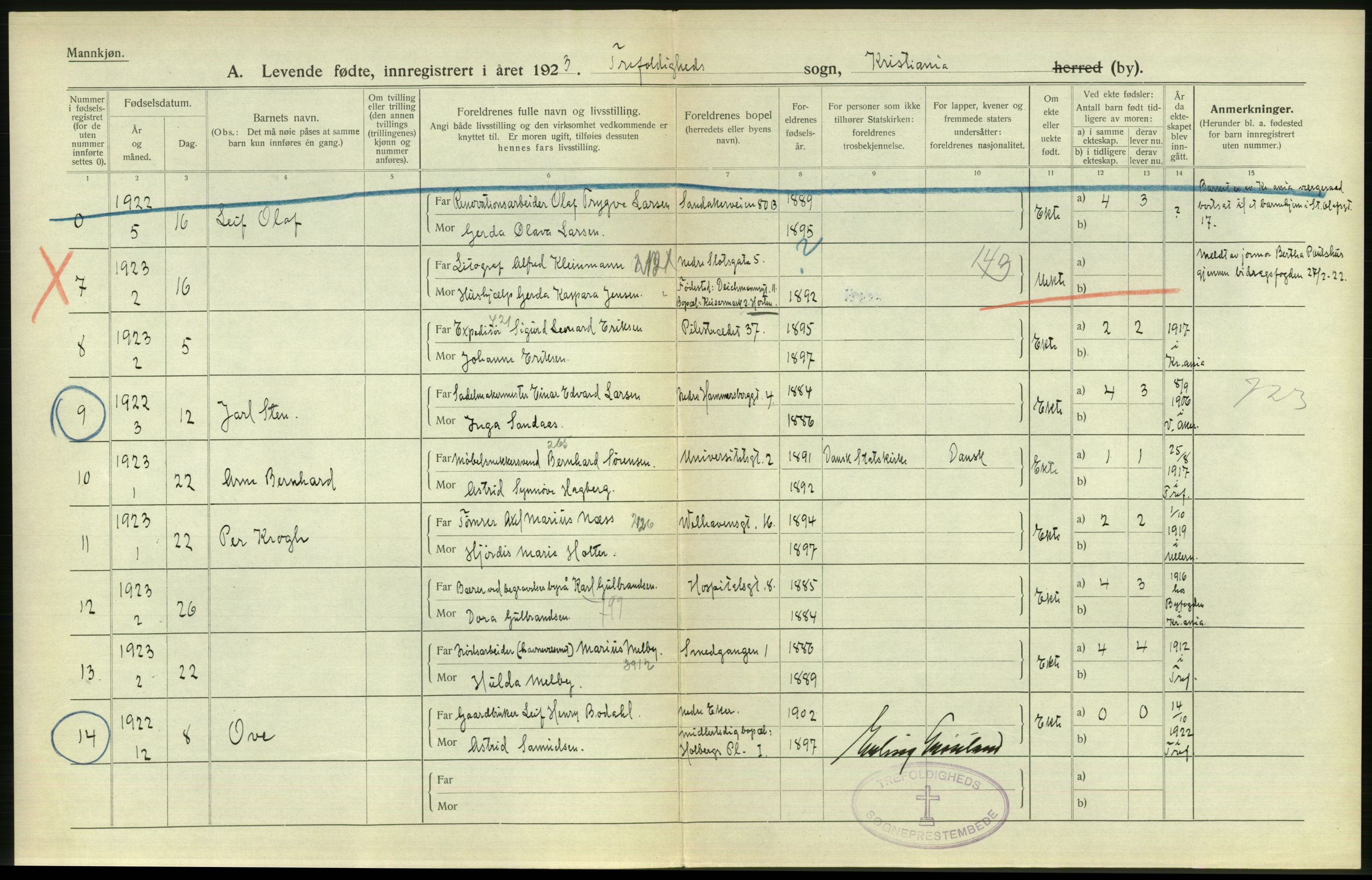 Statistisk sentralbyrå, Sosiodemografiske emner, Befolkning, AV/RA-S-2228/D/Df/Dfc/Dfcc/L0006: Kristiania: Levendefødte menn og kvinner., 1923, p. 812