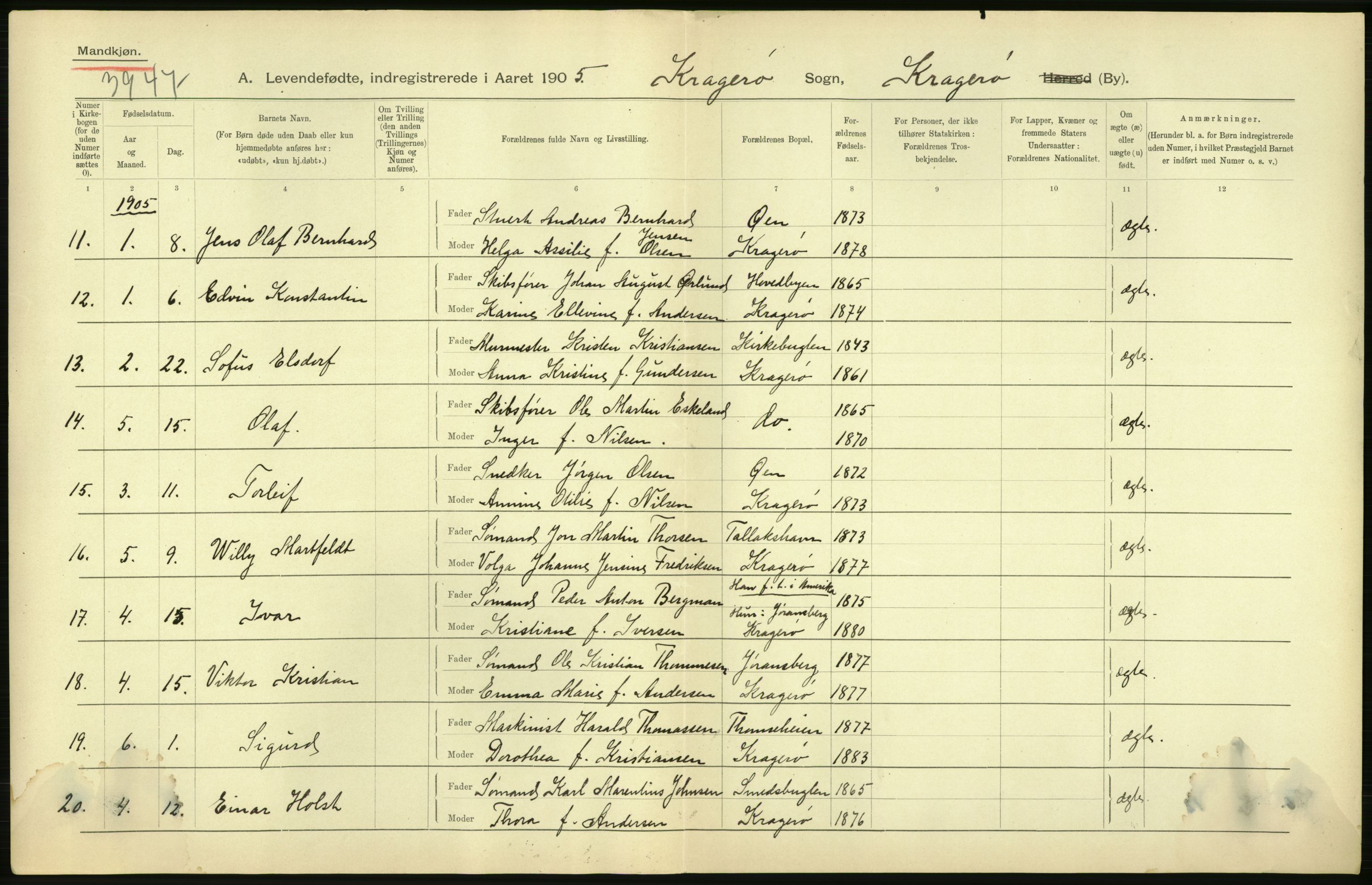 Statistisk sentralbyrå, Sosiodemografiske emner, Befolkning, AV/RA-S-2228/D/Df/Dfa/Dfac/L0043: Bratsberg - Lister og Mandals amt: Levendefødte menn og kvinner, gifte, døde, dødfødte. Byer., 1905, p. 22