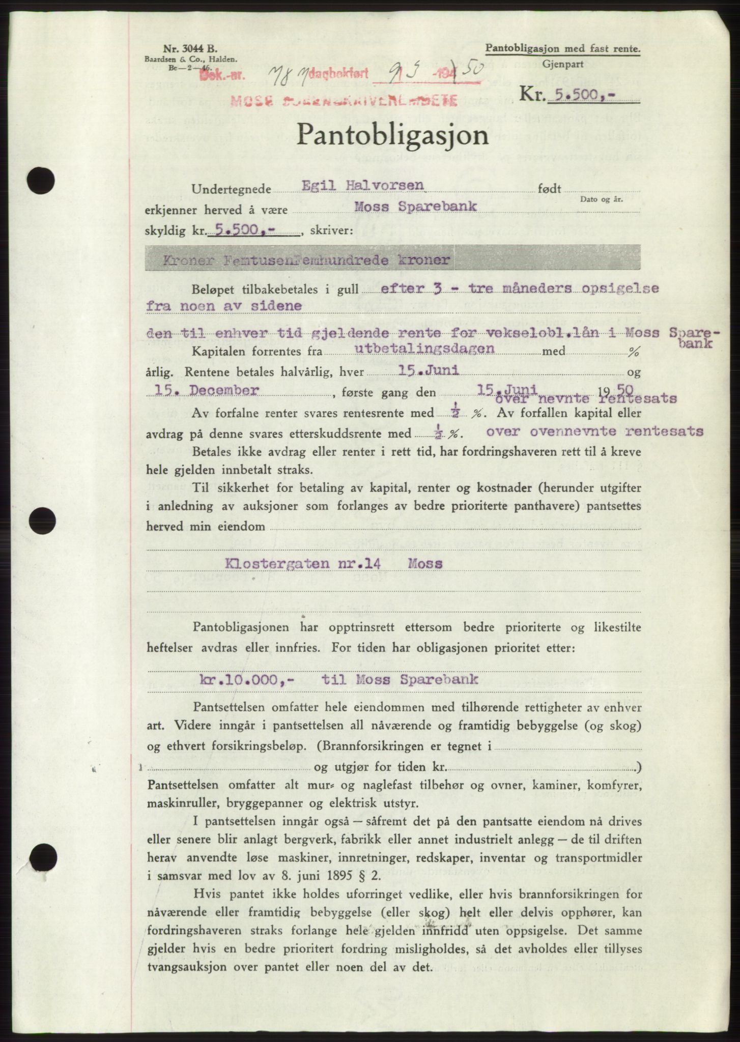 Moss sorenskriveri, SAO/A-10168: Mortgage book no. B23, 1949-1950, Diary no: : 787/1950