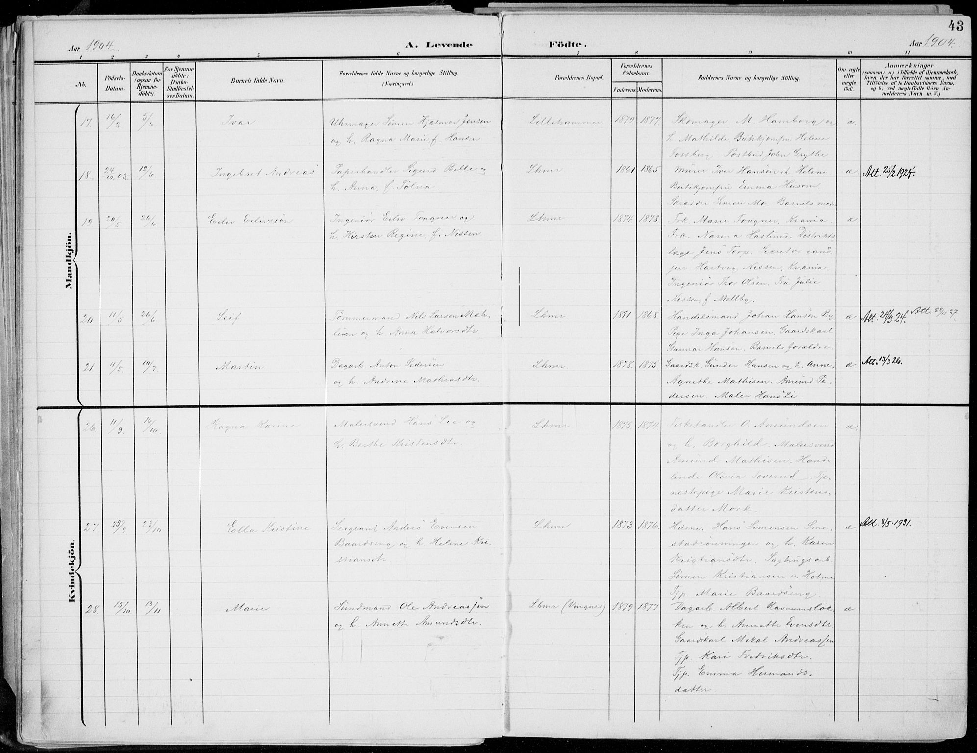 Lillehammer prestekontor, AV/SAH-PREST-088/H/Ha/Haa/L0001: Parish register (official) no. 1, 1901-1916, p. 43