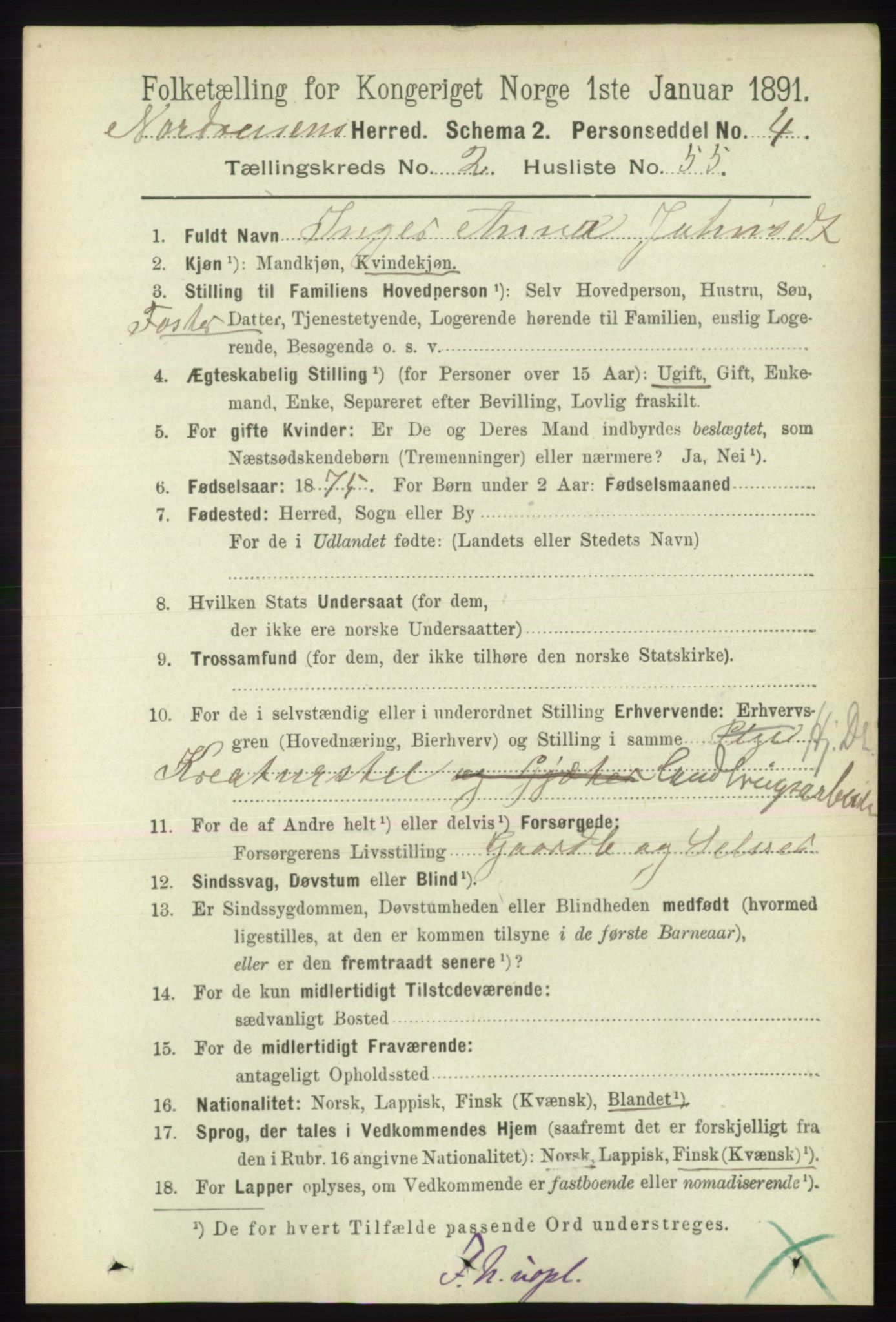 RA, 1891 census for 1942 Nordreisa, 1891, p. 1185