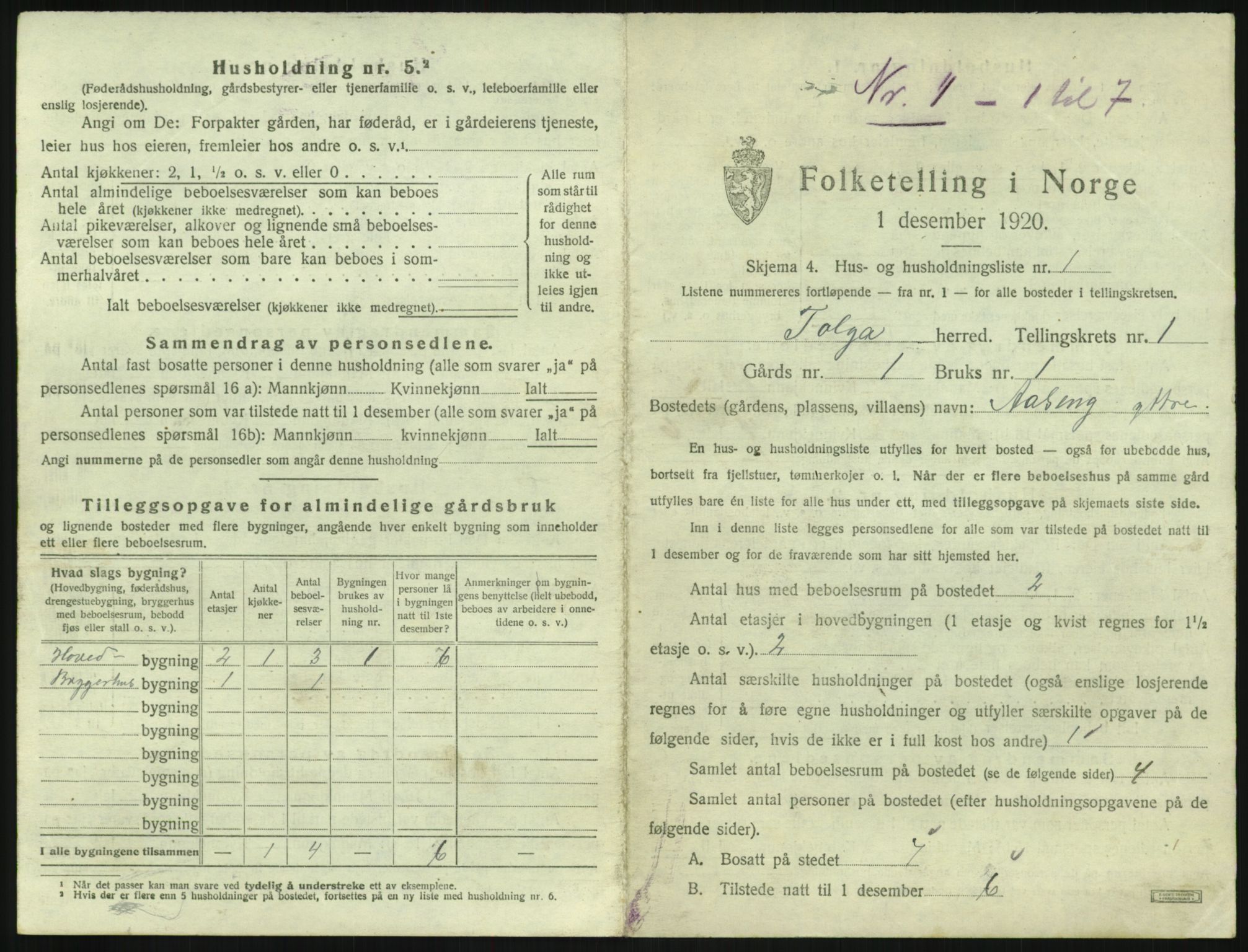 SAH, 1920 census for Tolga, 1920, p. 67