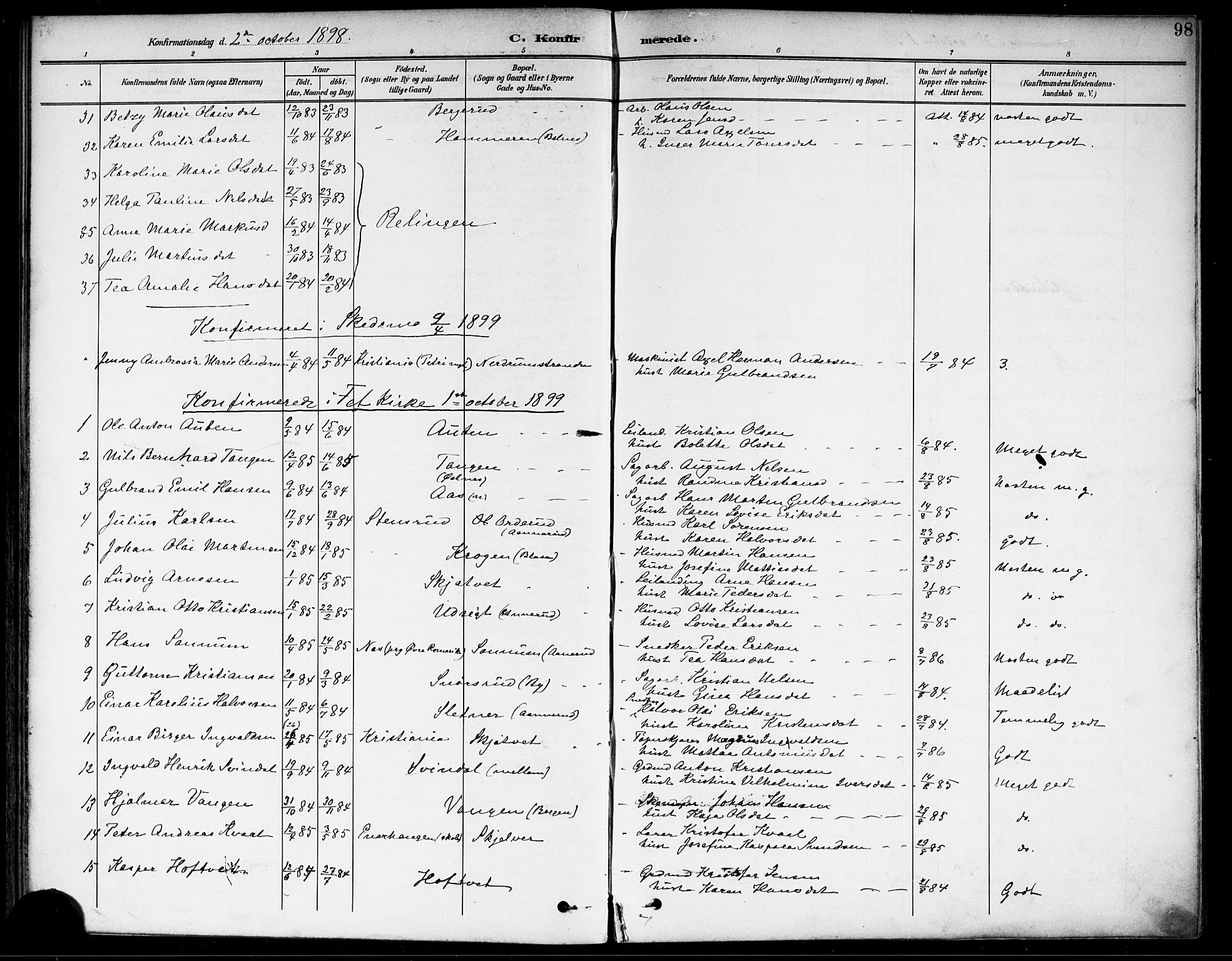 Fet prestekontor Kirkebøker, SAO/A-10370a/F/Fa/L0015: Parish register (official) no. I 15, 1892-1904, p. 98