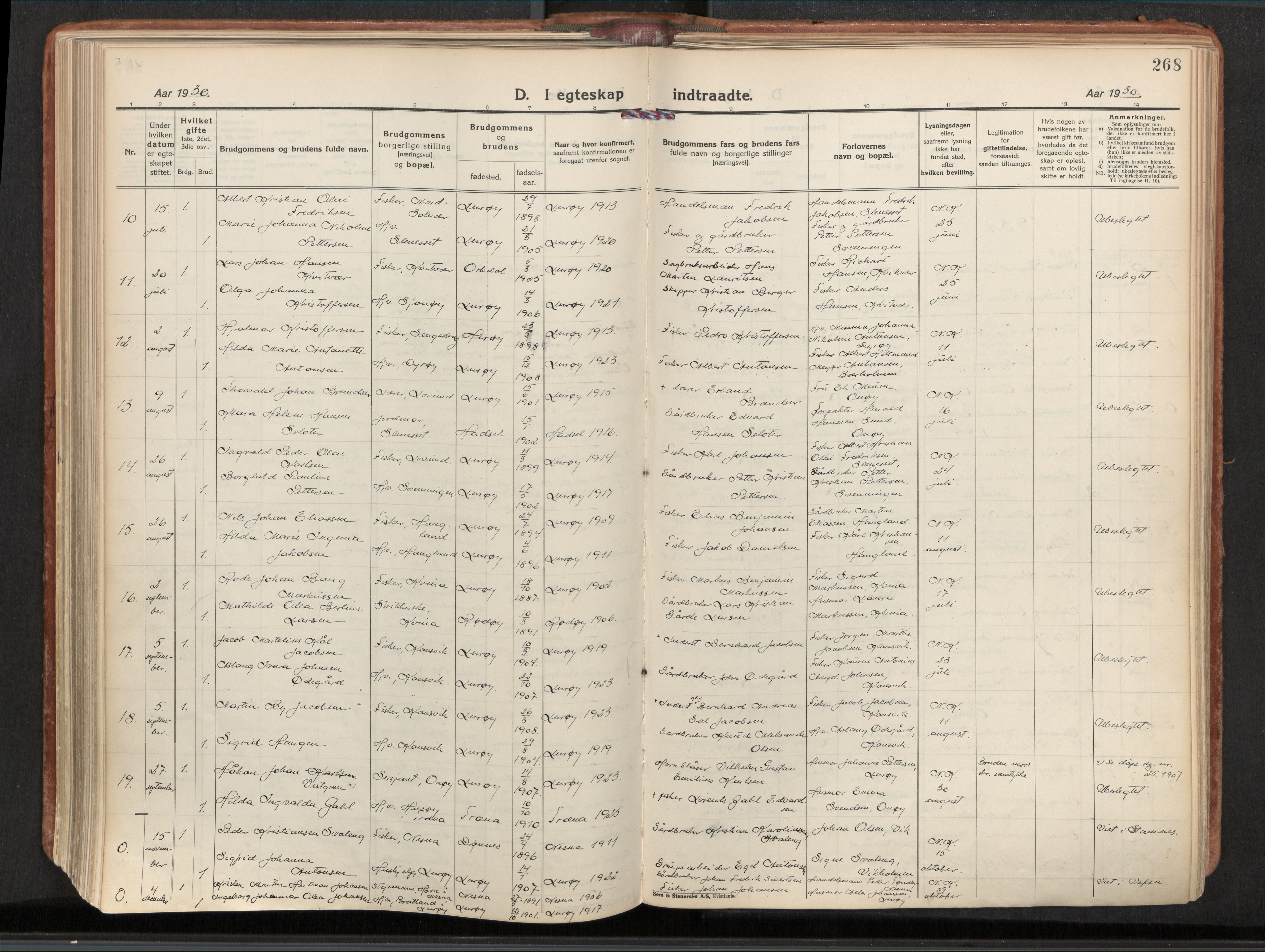 Ministerialprotokoller, klokkerbøker og fødselsregistre - Nordland, AV/SAT-A-1459/839/L0570: Parish register (official) no. 839A07, 1923-1942, p. 268