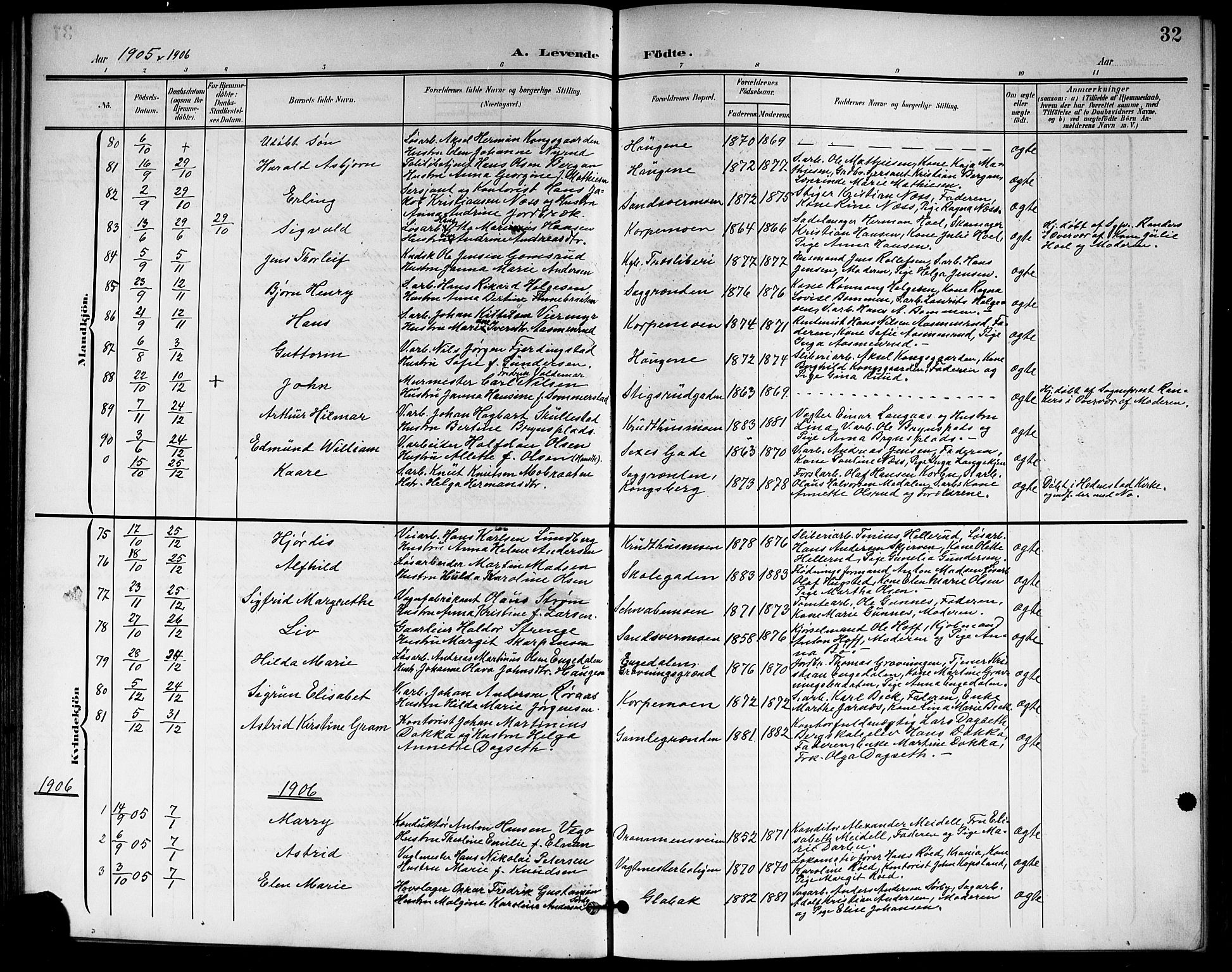 Kongsberg kirkebøker, AV/SAKO-A-22/G/Ga/L0007: Parish register (copy) no. 7, 1901-1915, p. 32