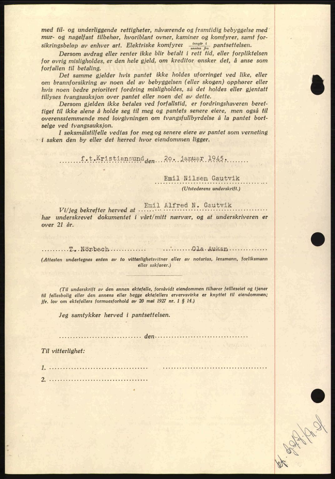 Nordmøre sorenskriveri, AV/SAT-A-4132/1/2/2Ca: Mortgage book no. B92, 1944-1945, Diary no: : 115/1945