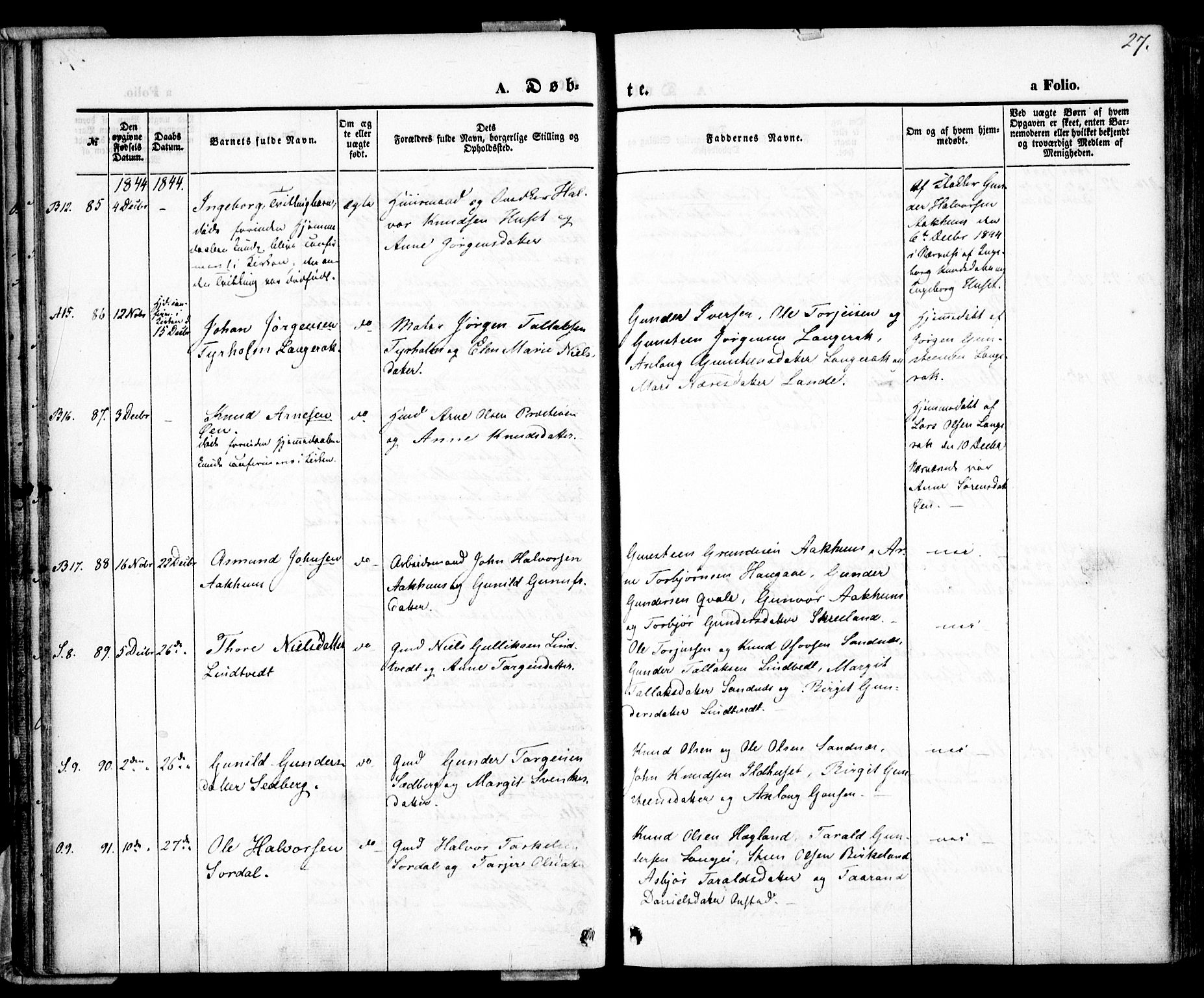 Bygland sokneprestkontor, AV/SAK-1111-0006/F/Fa/Fab/L0004: Parish register (official) no. A 4, 1842-1858, p. 27