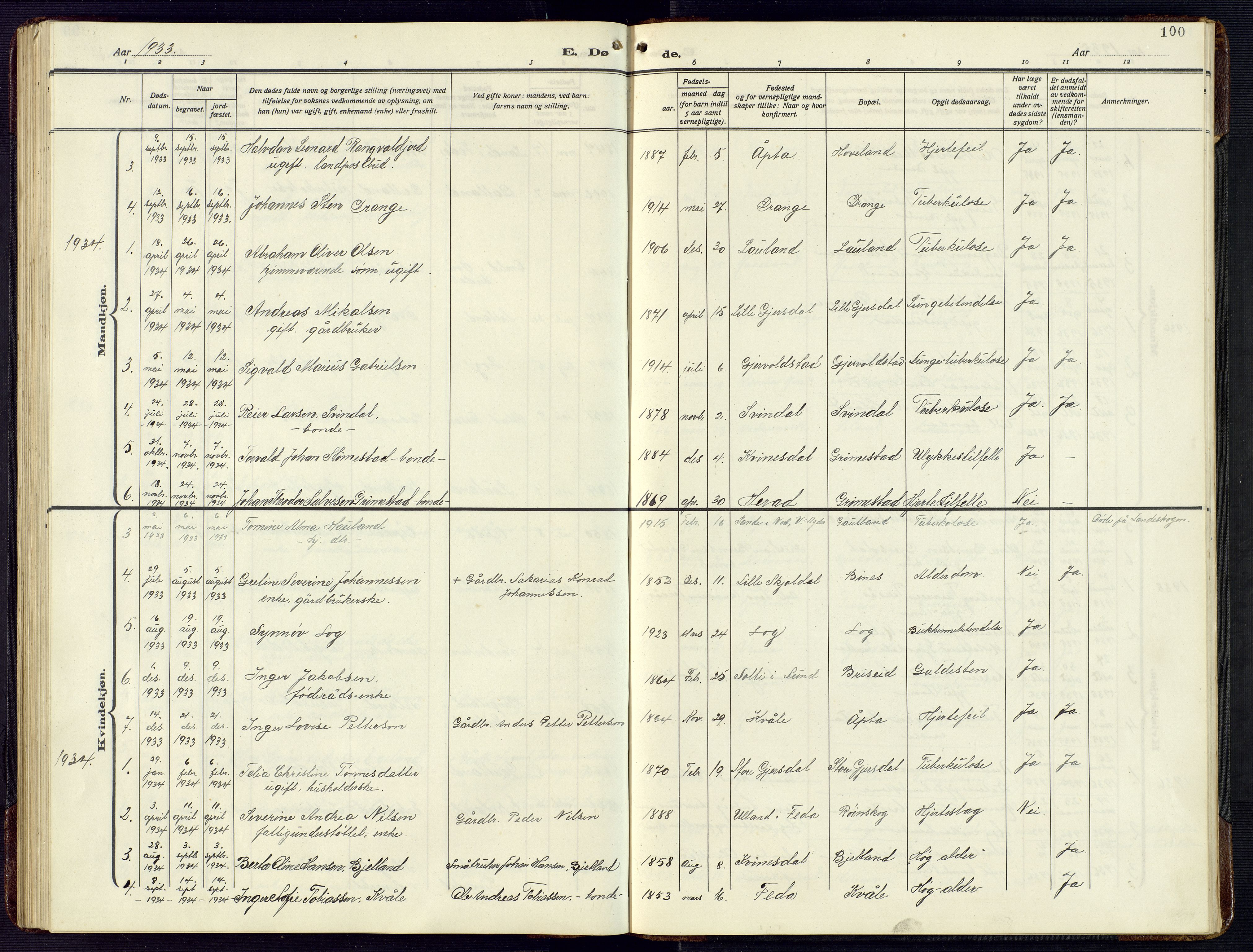 Herad sokneprestkontor, SAK/1111-0018/F/Fb/Fba/L0006: Parish register (copy) no. B 6, 1921-1959, p. 100