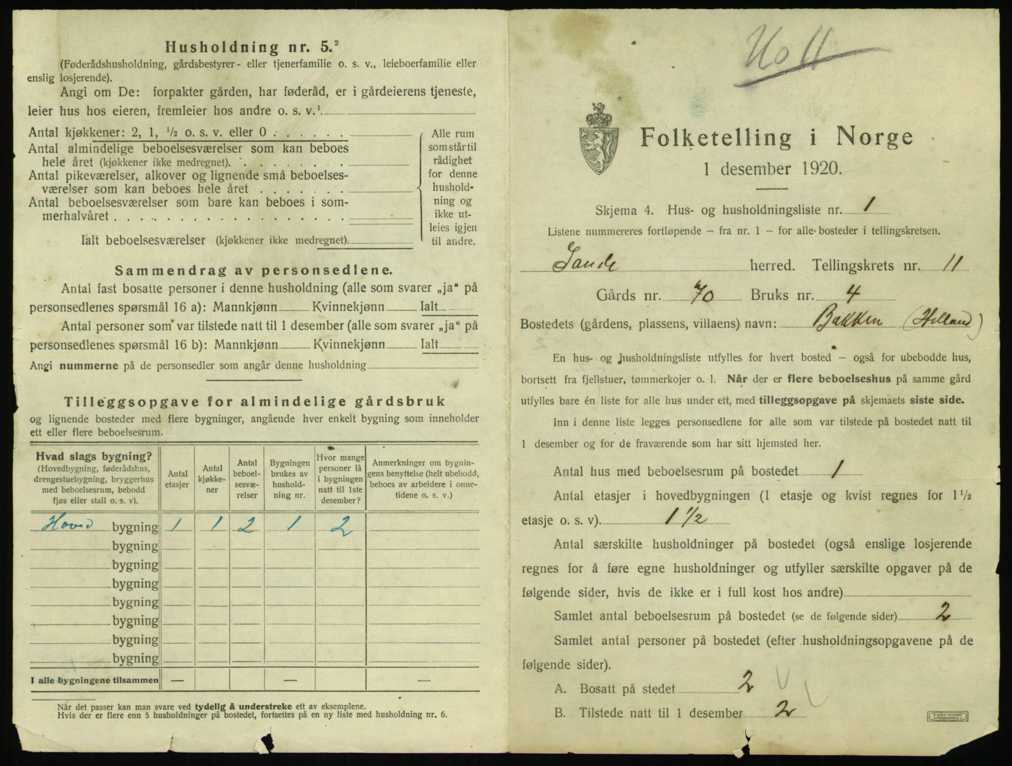 SAT, 1920 census for Sande (MR), 1920, p. 836