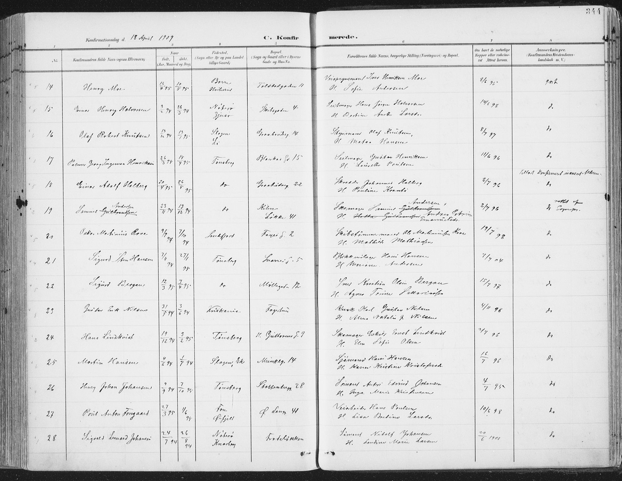 Tønsberg kirkebøker, SAKO/A-330/F/Fa/L0014: Parish register (official) no. I 14, 1900-1913, p. 344