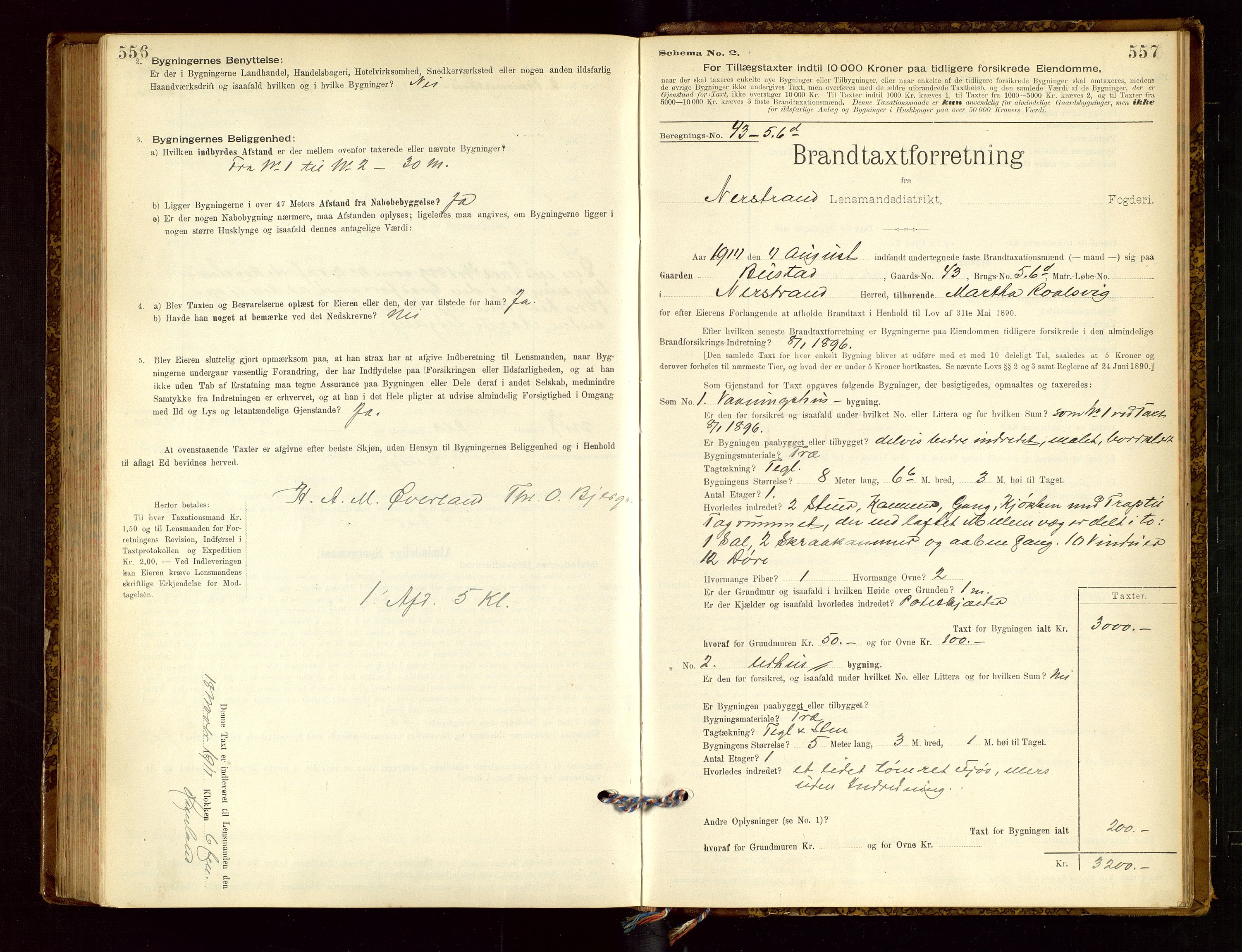 Nedstrand lensmannskontor, AV/SAST-A-100236/Gob/L0001: "Brandtaxationsprotokol for Nerstrand Lensmandsdistrikt Ryfylke fogderi", 1895-1915, p. 556-557