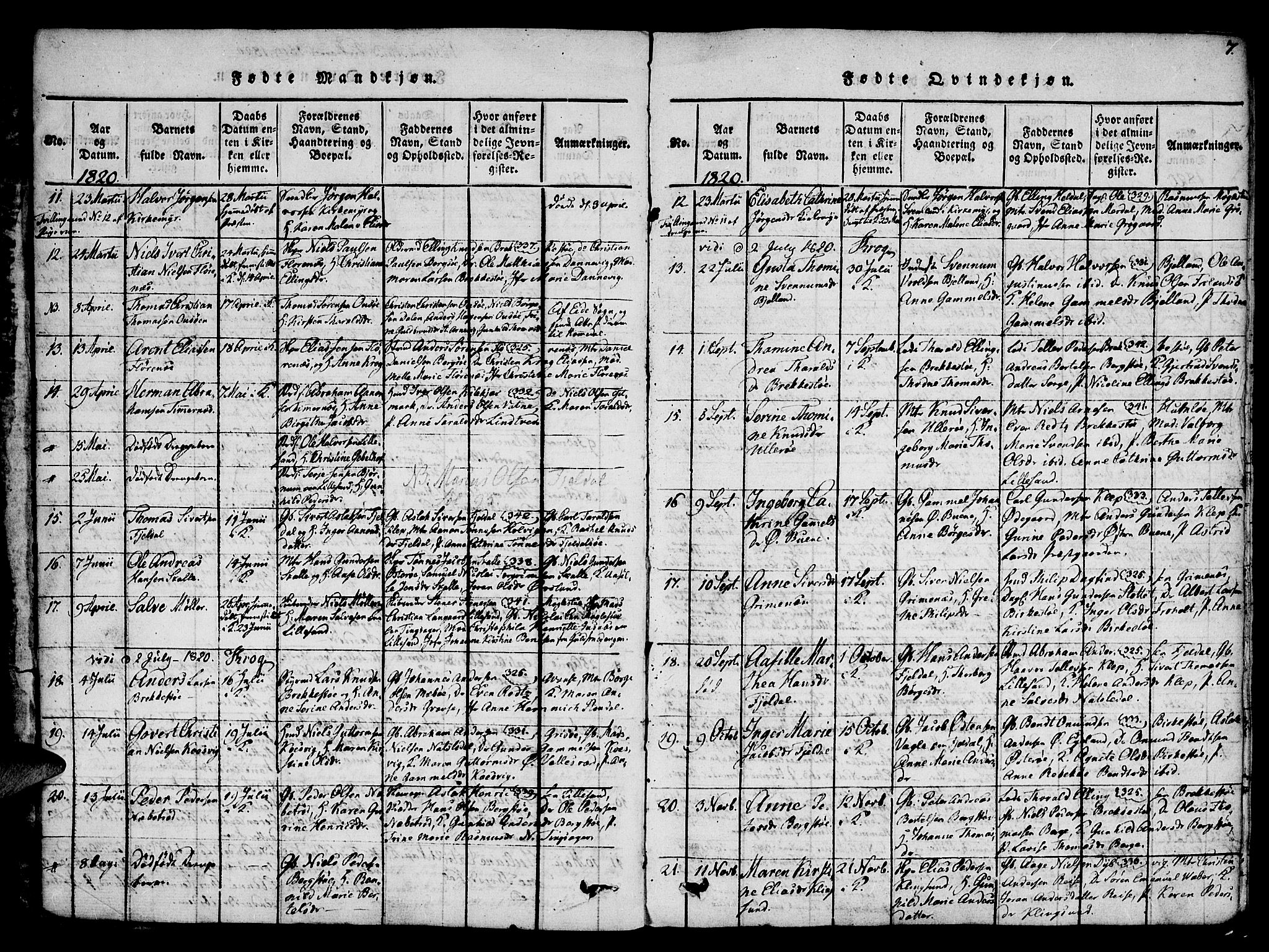 Vestre Moland sokneprestkontor, AV/SAK-1111-0046/F/Fa/Fab/L0003: Parish register (official) no. A 3, 1816-1843, p. 7