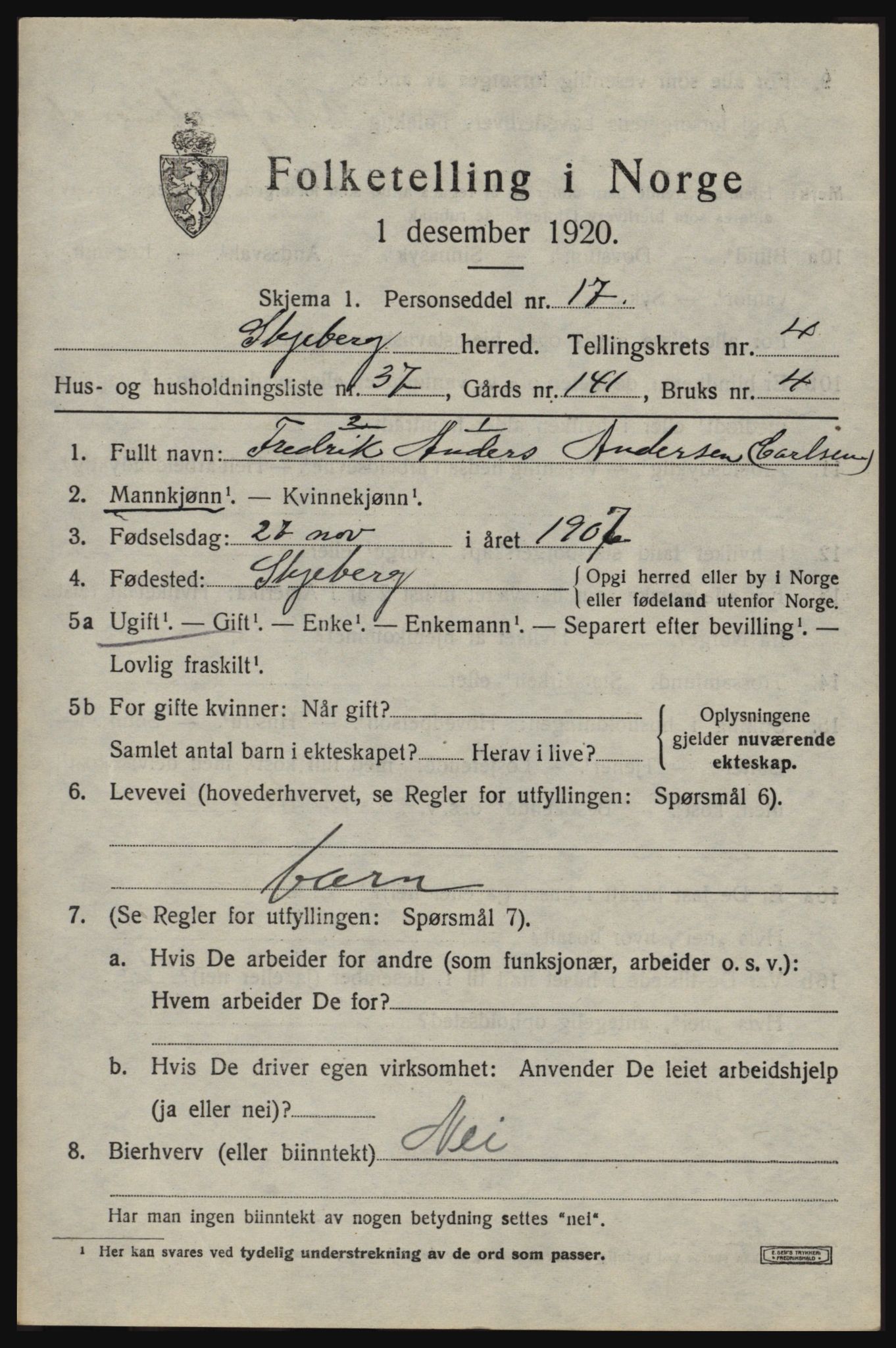 SAO, 1920 census for Skjeberg, 1920, p. 5417