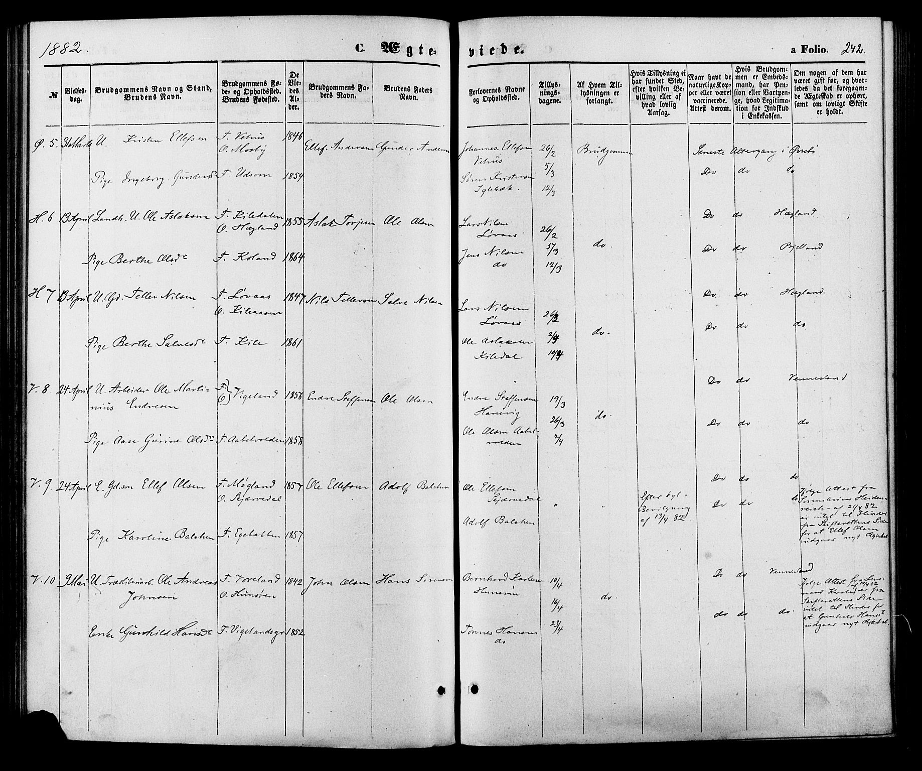 Vennesla sokneprestkontor, AV/SAK-1111-0045/Fa/Fac/L0008: Parish register (official) no. A 8, 1874-1883, p. 242