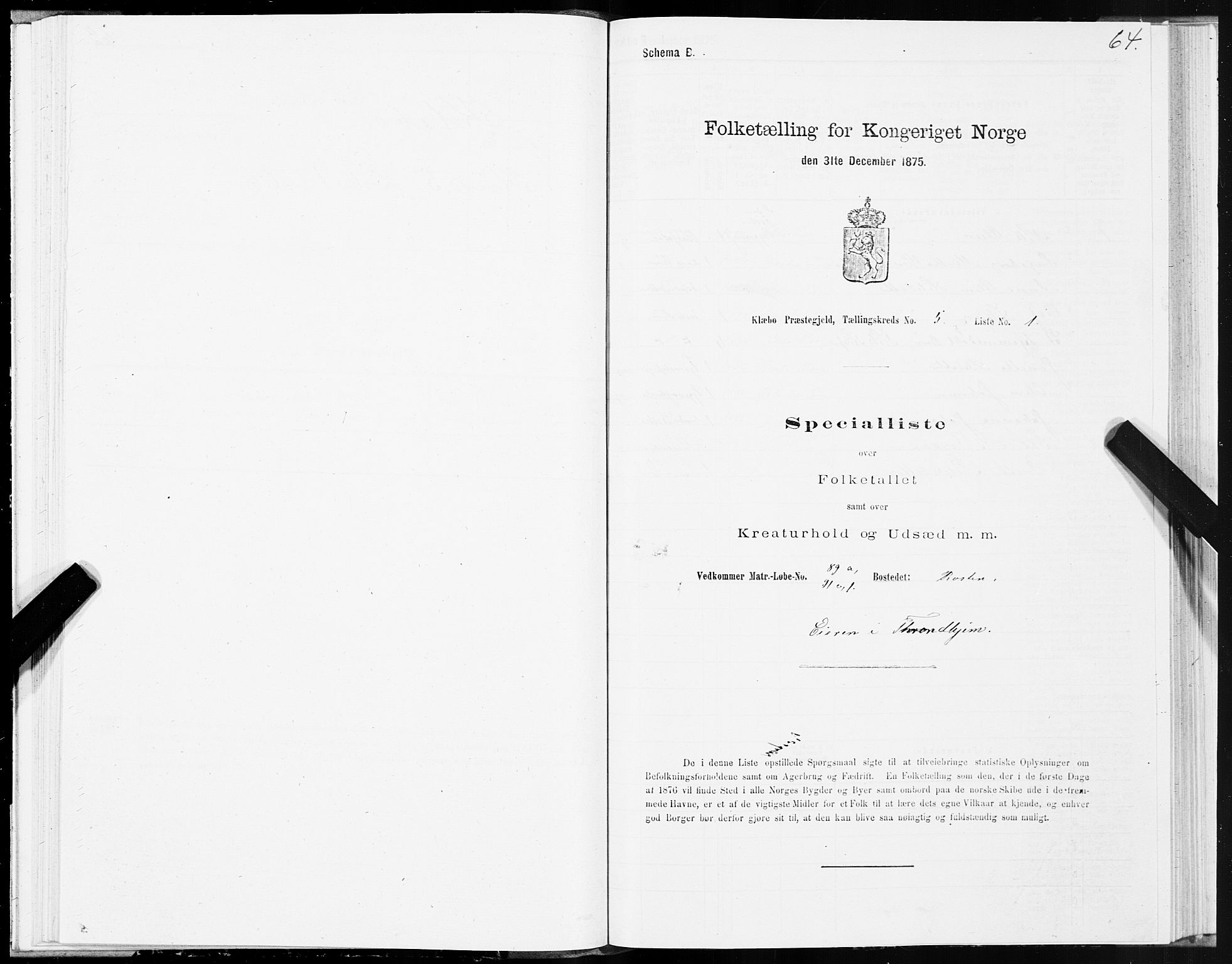 SAT, 1875 census for 1662P Klæbu, 1875, p. 2064