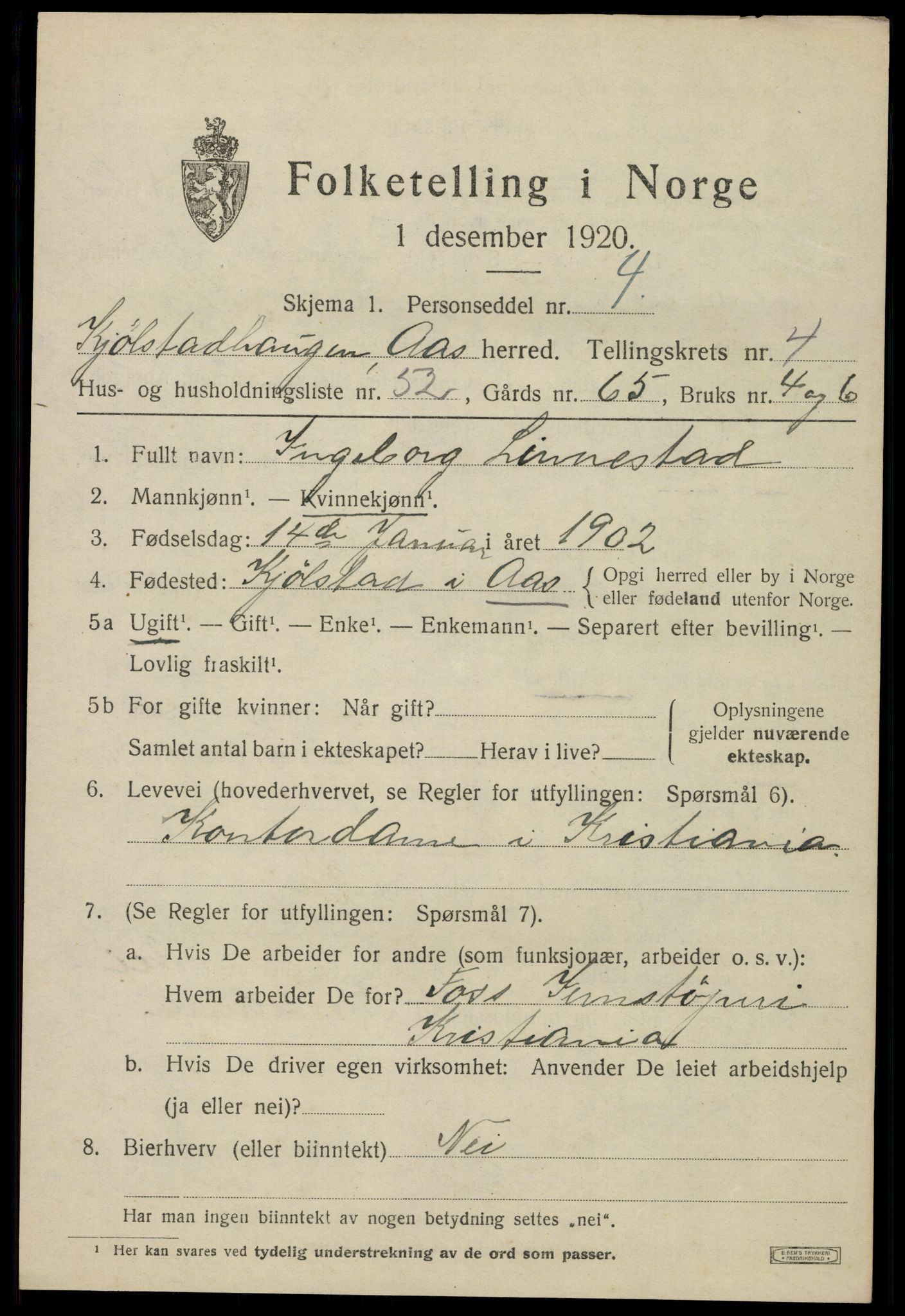 SAO, 1920 census for Ås, 1920, p. 5836