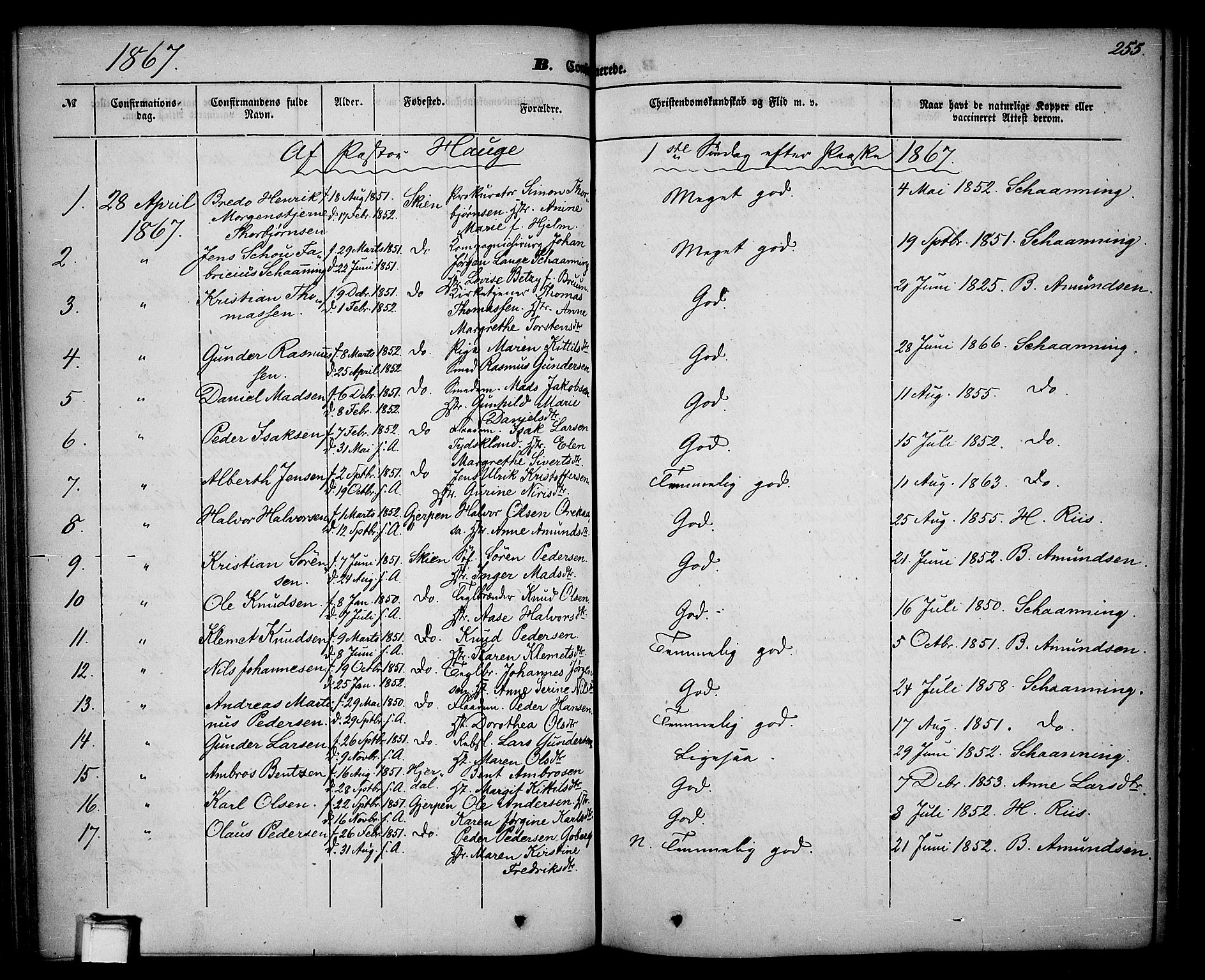 Skien kirkebøker, SAKO/A-302/G/Ga/L0004: Parish register (copy) no. 4, 1843-1867, p. 255
