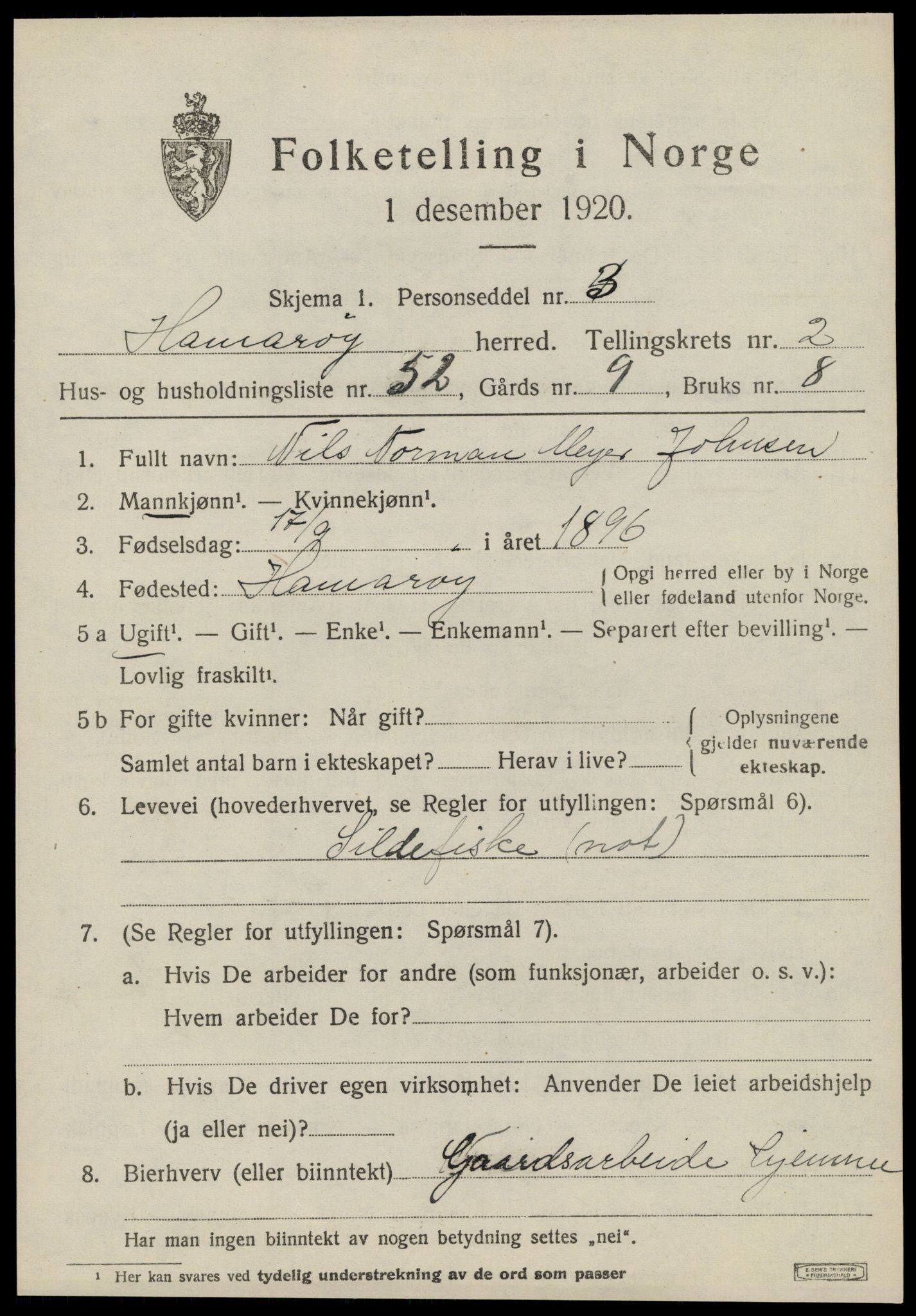 SAT, 1920 census for Hamarøy, 1920, p. 2096