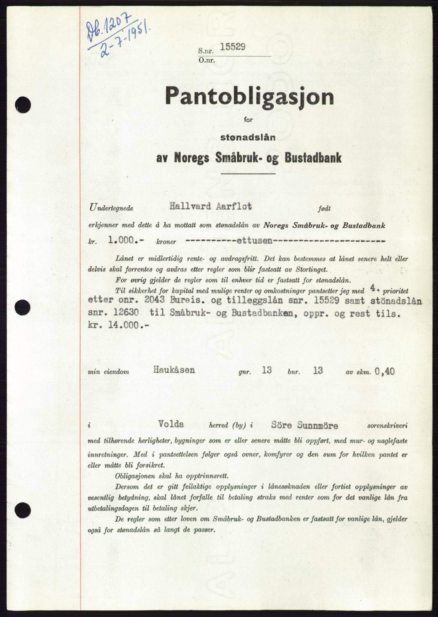 Søre Sunnmøre sorenskriveri, AV/SAT-A-4122/1/2/2C/L0120: Mortgage book no. 8B, 1951-1951, Diary no: : 1207/1951