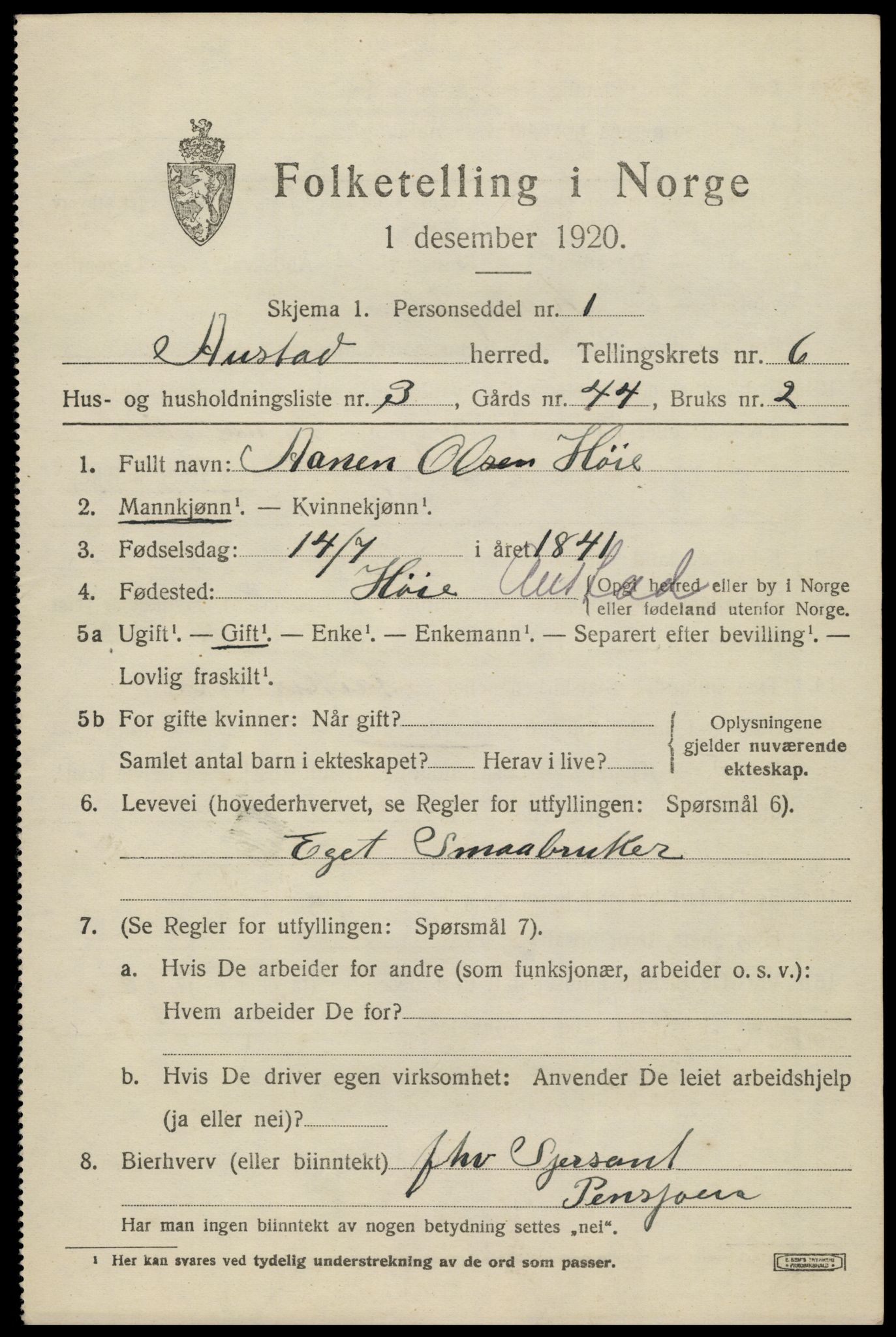 SAK, 1920 census for Austad, 1920, p. 1887