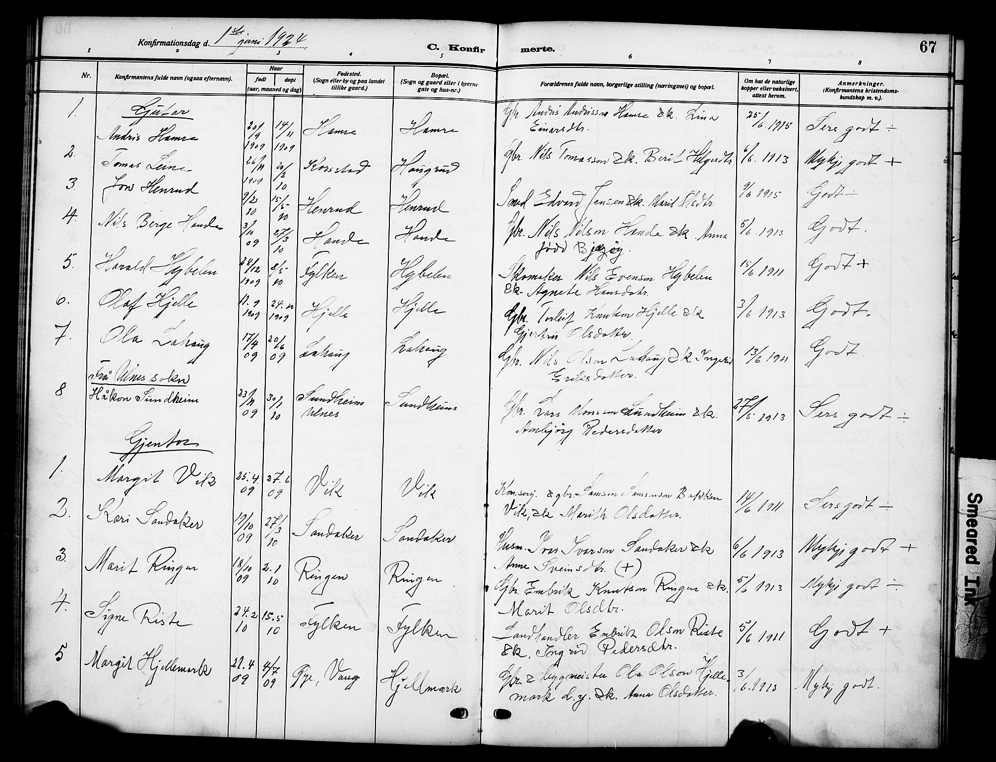 Vestre Slidre prestekontor, AV/SAH-PREST-136/H/Ha/Hab/L0007: Parish register (copy) no. 7, 1909-1930, p. 67