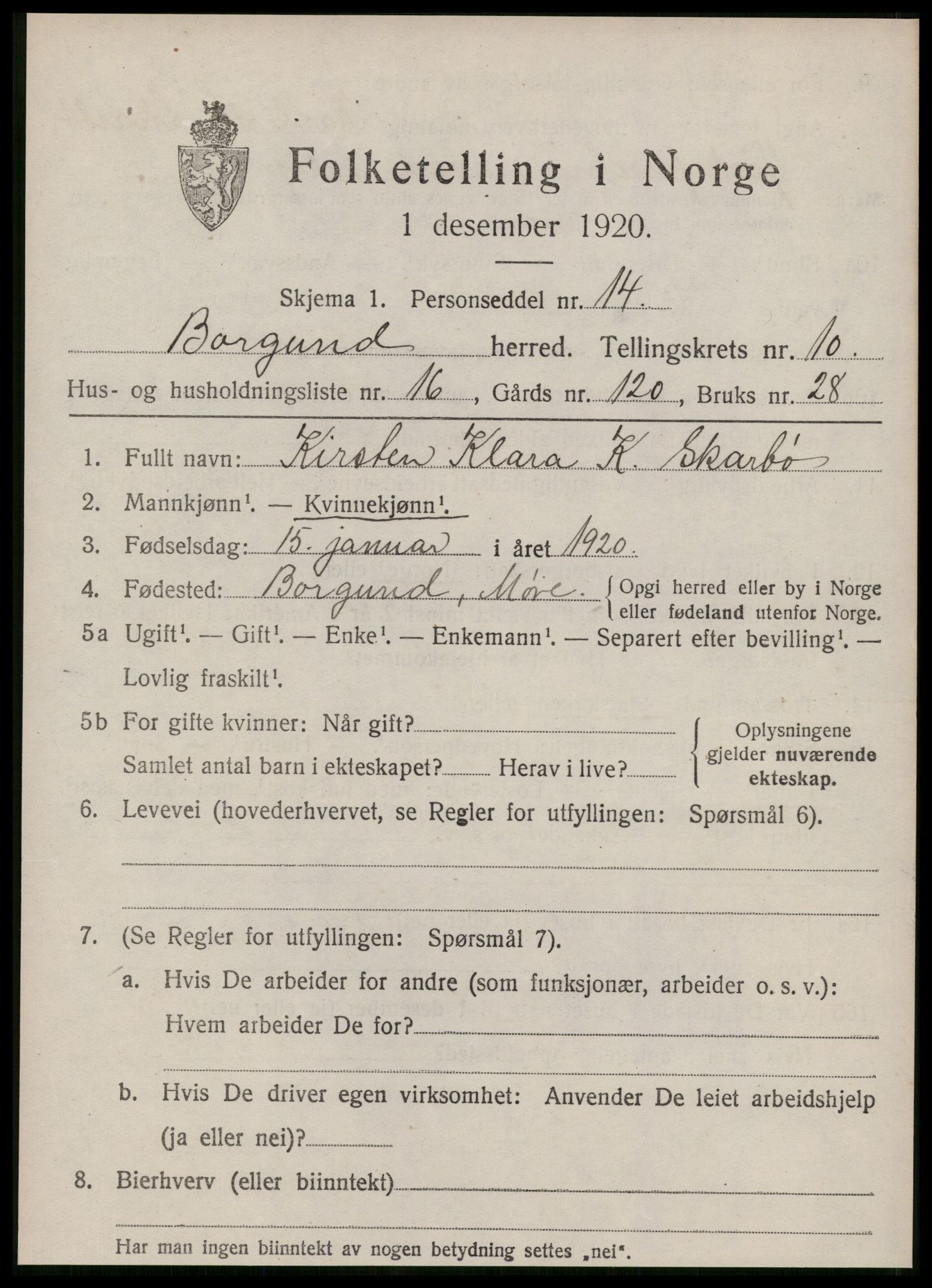 SAT, 1920 census for Borgund, 1920, p. 9530