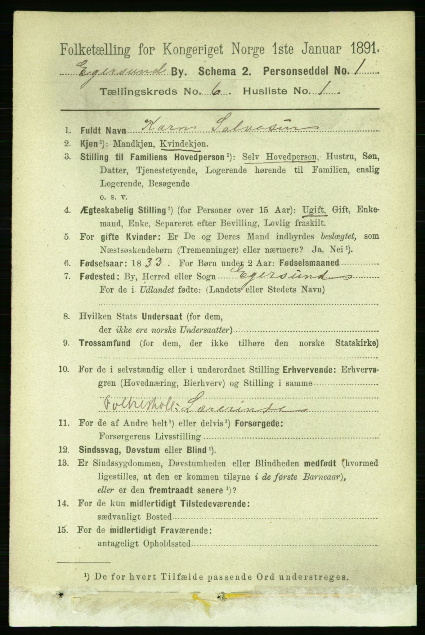 RA, 1891 census for 1101 Egersund, 1891, p. 983