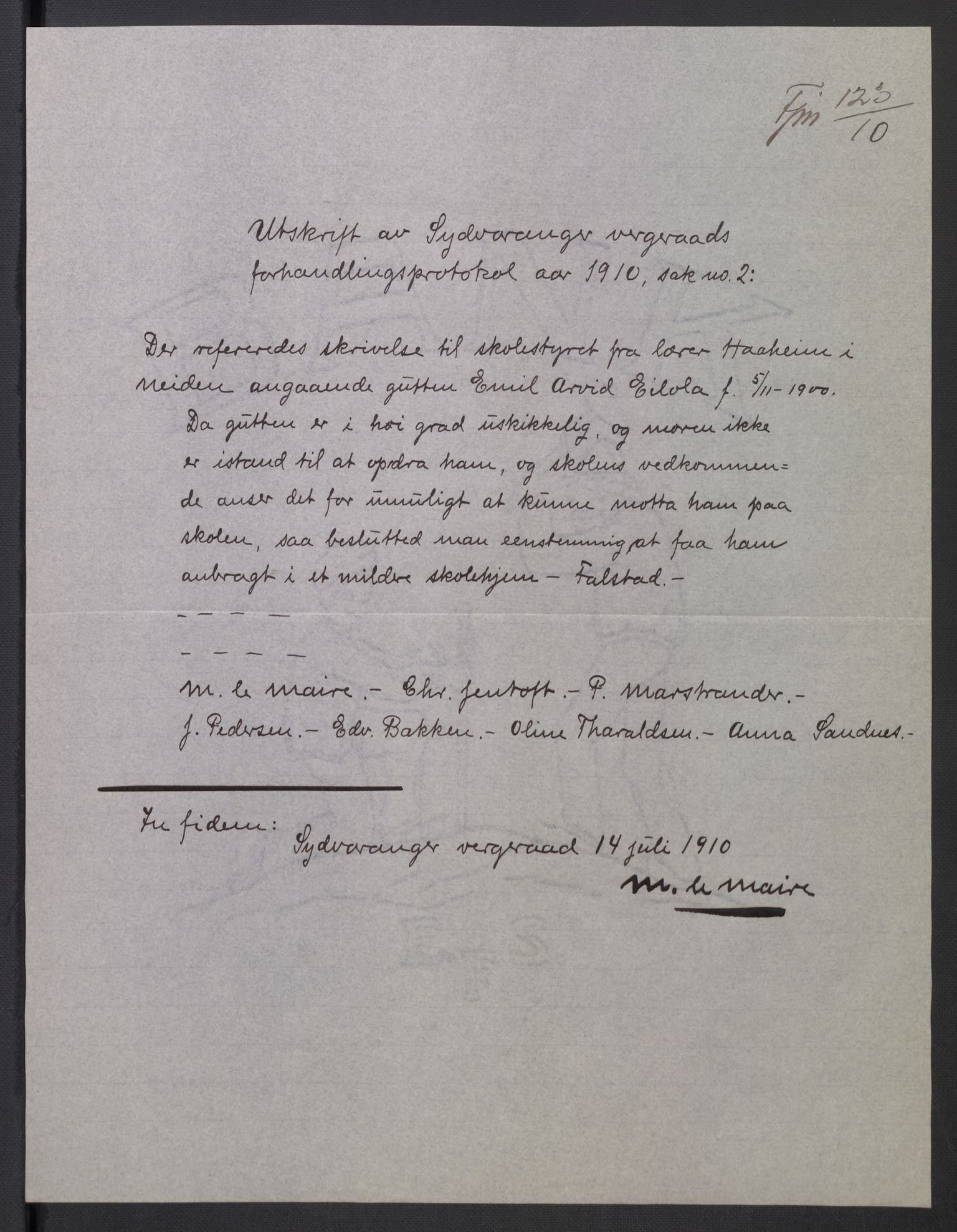 Falstad skolehjem, RA/S-1676/E/Eb/L0010: Elevmapper løpenr. 210-239, 1910-1917, p. 188