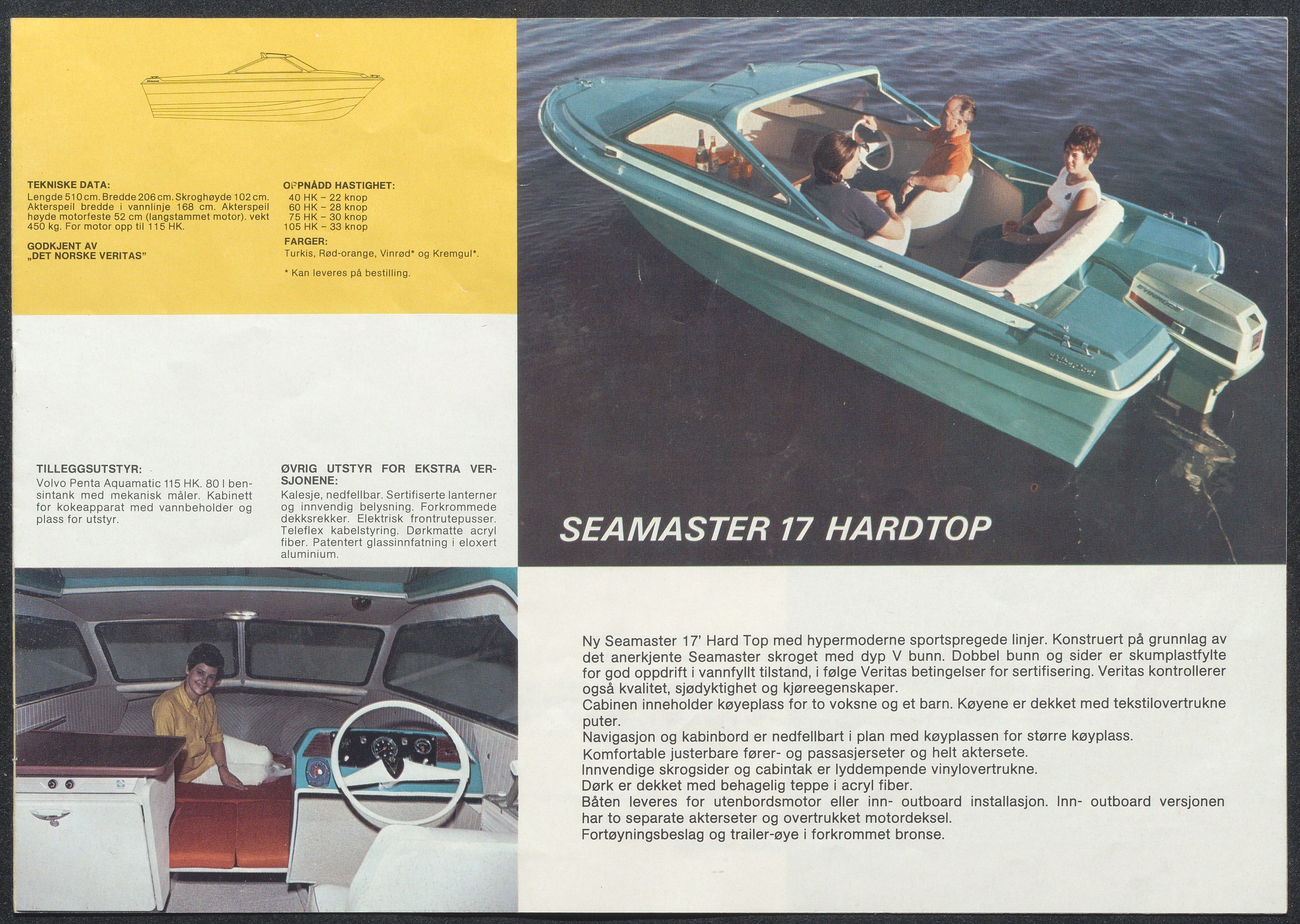 Skibsplast, AAKS/PA-2968/01/X/X01/L0001/0012: Brosjyrer / Seamaster 17 Tour-cruiser (1970-1976). Seamaster 17 Hardtop (1970/71-1975). Sport-Master 15 Hardtop (1970-1986). Sport-Master 15 VS (1971-1987). Sportsmann 14 (1971-1989). Sportsmann Junior 11' (1960-1964). , 1960-1989