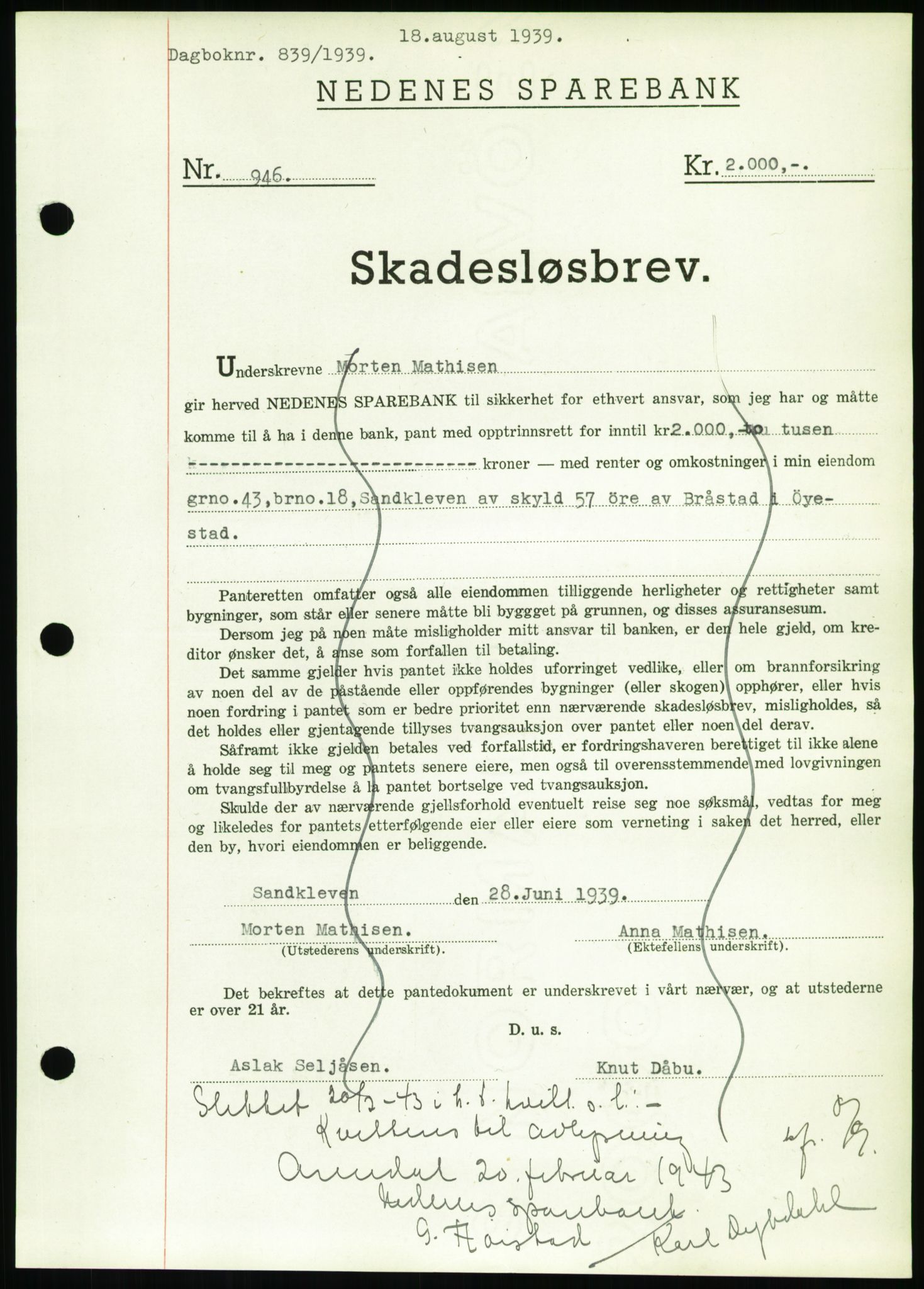 Nedenes sorenskriveri, AV/SAK-1221-0006/G/Gb/Gbb/L0001: Mortgage book no. I, 1939-1942, Diary no: : 839/1939