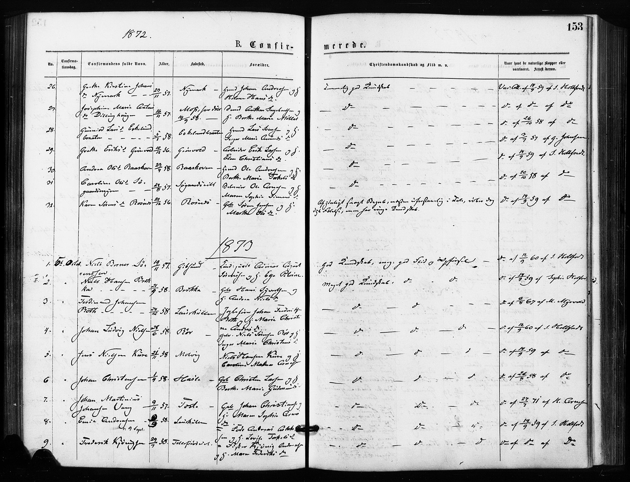 Rygge prestekontor Kirkebøker, SAO/A-10084b/F/Fa/L0006: Parish register (official) no. 6, 1872-1877, p. 153