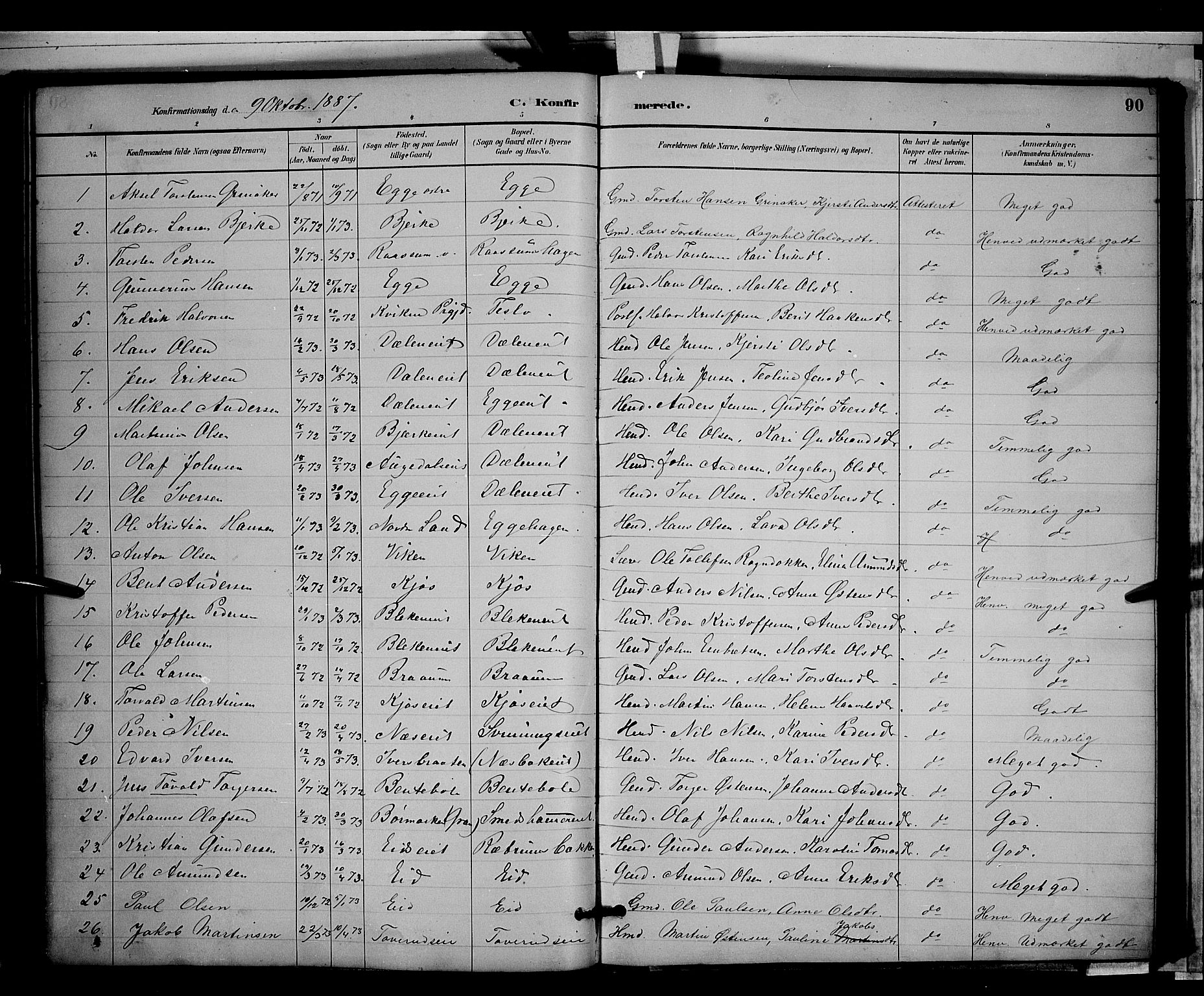 Gran prestekontor, SAH/PREST-112/H/Ha/Hab/L0003: Parish register (copy) no. 3, 1882-1890, p. 90