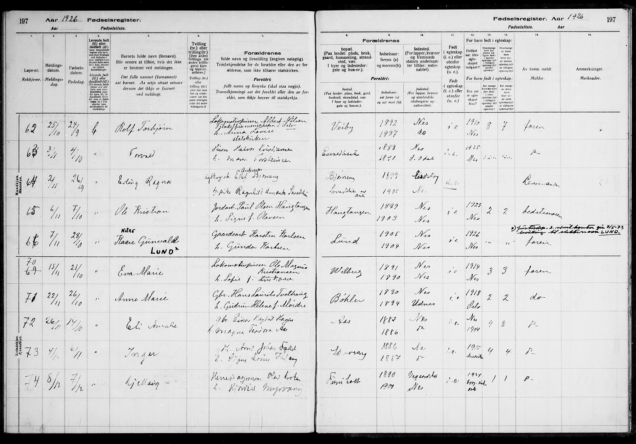 Nes prestekontor Kirkebøker, AV/SAO-A-10410/J/Ja/L0001: Birth register no. 1, 1916-1926, p. 197