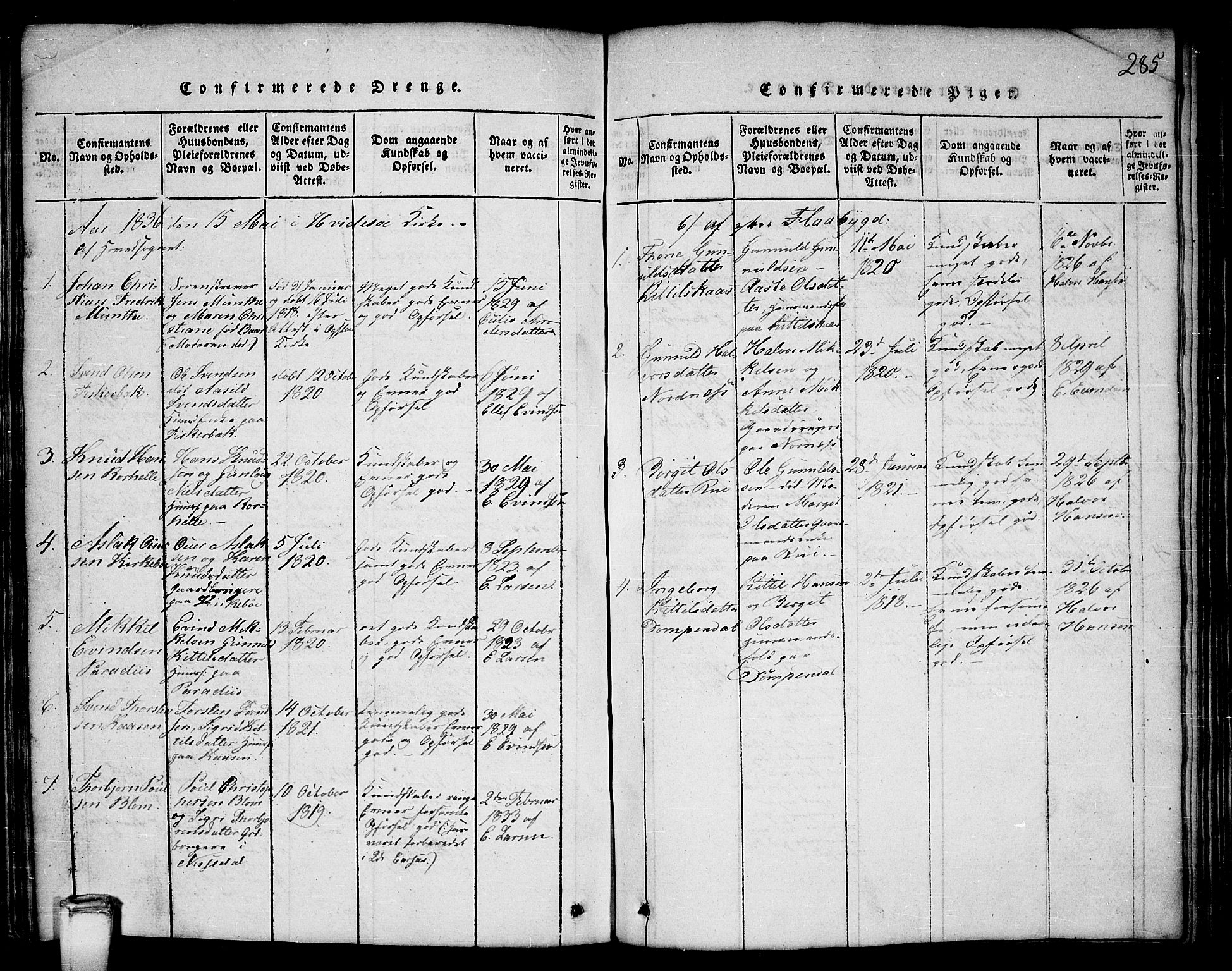 Kviteseid kirkebøker, SAKO/A-276/G/Gb/L0001: Parish register (copy) no. II 1, 1815-1842, p. 285